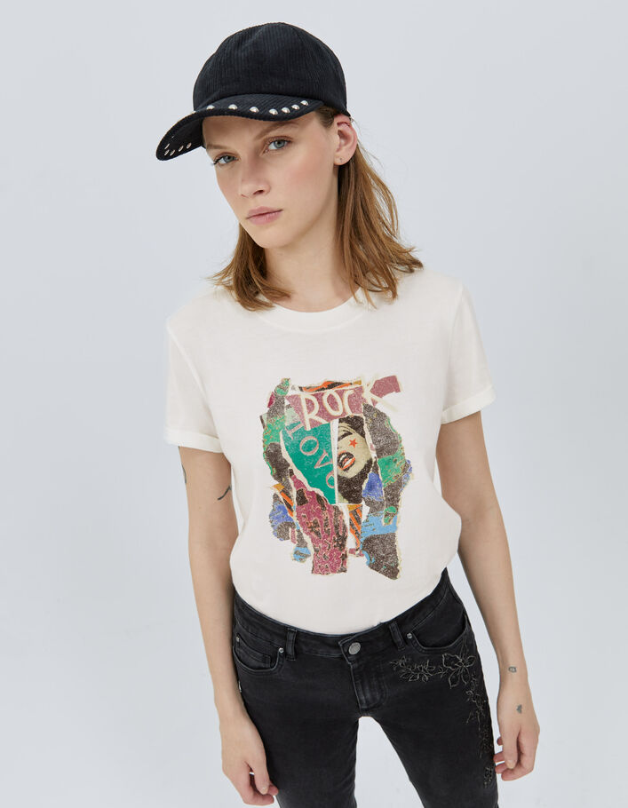 Tee-shirt écru visuel collage arty rock and love Femme