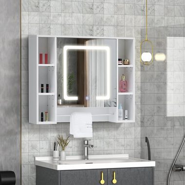 CLIPOP Spiegelschrank Badeschrank mit LED Wandspiegel mit Touchschalter, verstellbaren Regalen & Handtuchhalter