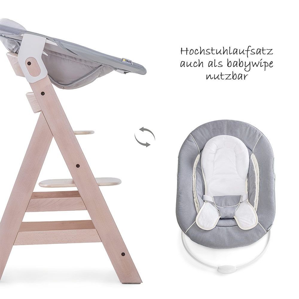 Hauck Hochstuhl Beta Plus Whitewashed - Newborn Set (Set, 5 St), Holz Babystuhl ab Geburt, Aufsatz für Neugeborene, Sitzauflage, Tisch