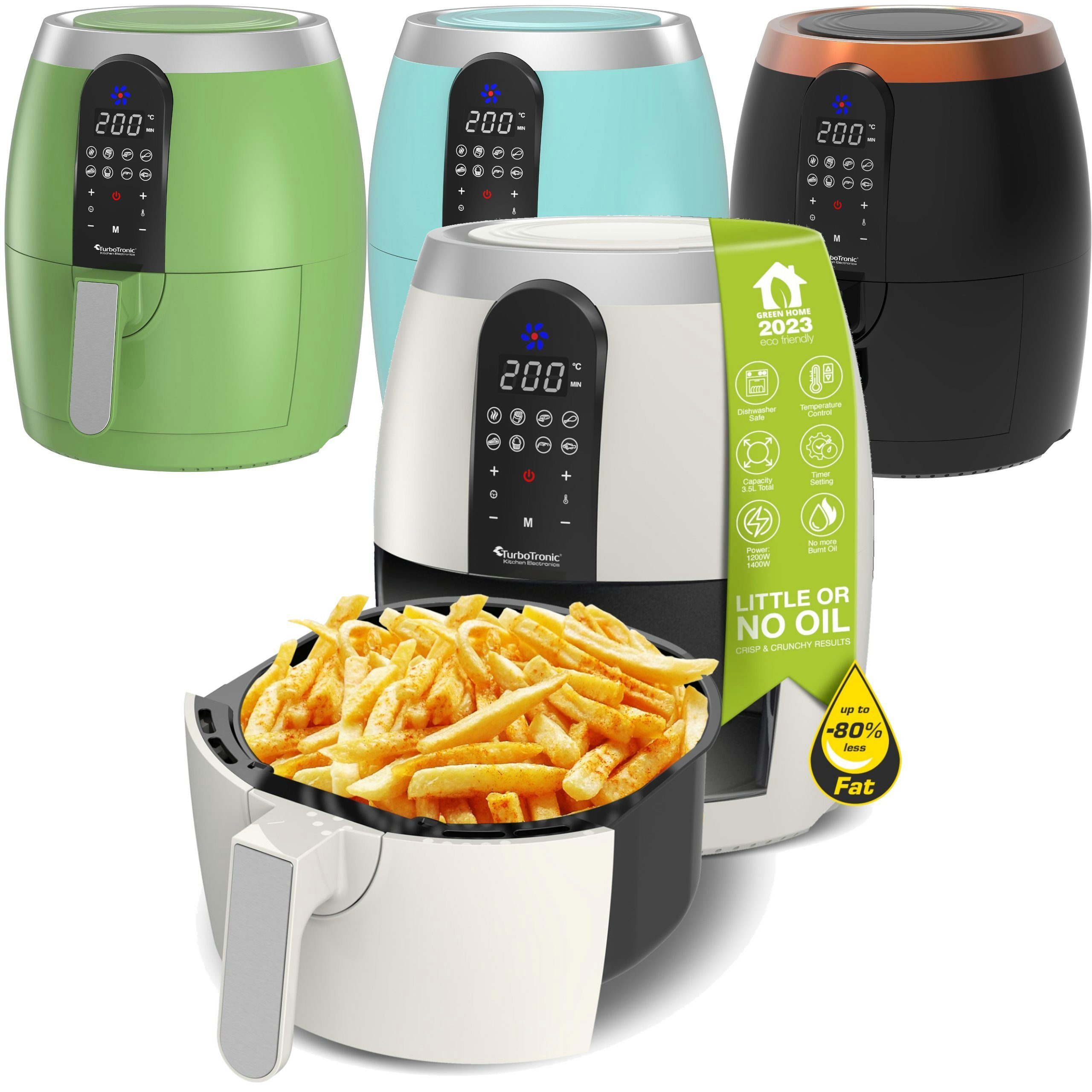 TurboTronic by Z-Line Heißluftfritteuse 3,5 Liter, 7 Programme, Fritteuse Fettfrei ohne Öl, 50°C 200°C Power, 1200 W, Camping Retro digital Airfryer AF10D