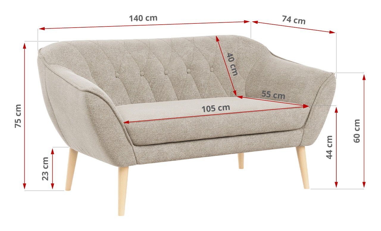 MKS MÖBEL Sofa PIRS-2 Sitzer, Skandinavischer Stil, Gesteppte Polsterung, Holzbeine