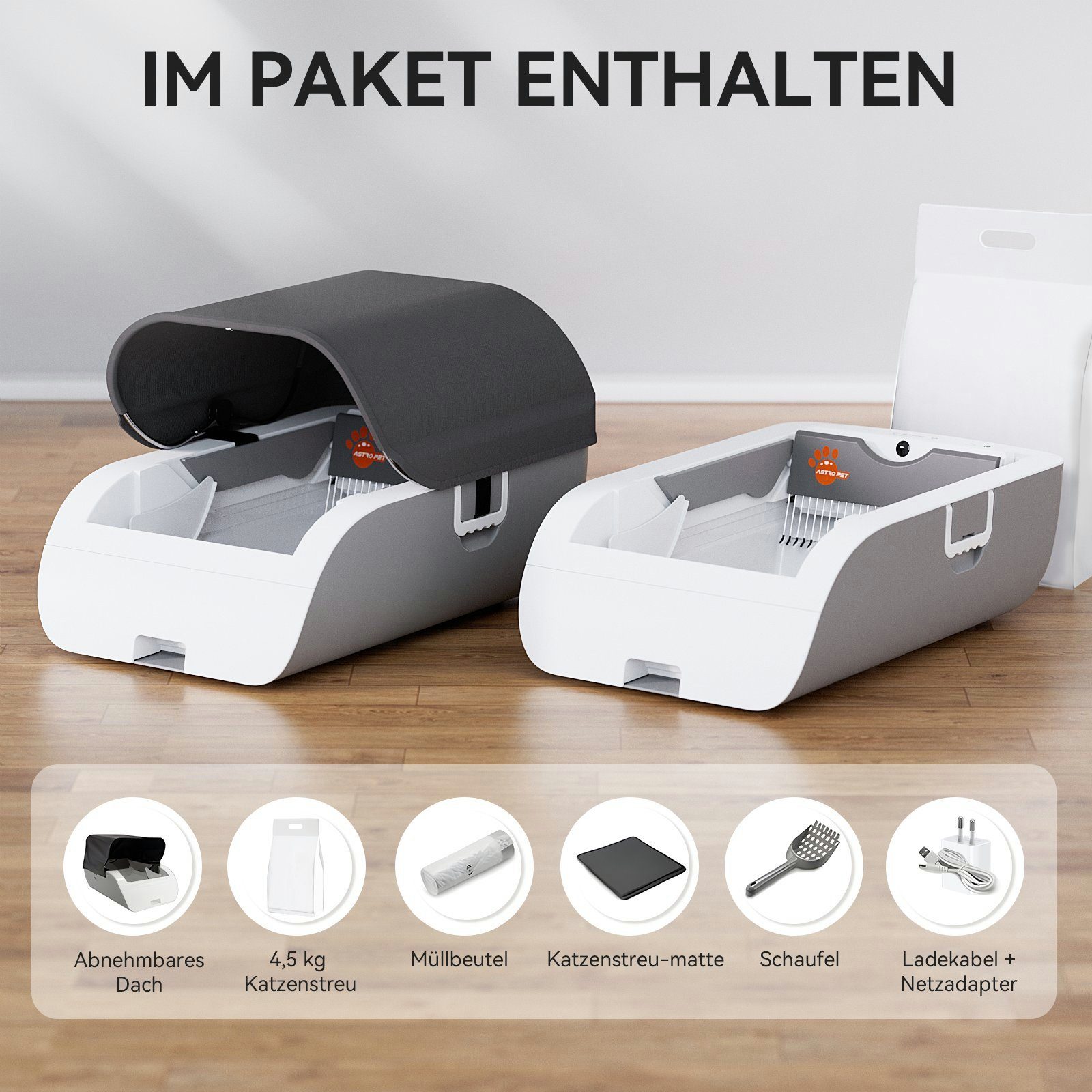 AstroPet Katzentoilette Tastensteuerung, Batteriebetrieben, Einklemmschutz und Desodorierung, 79,5L x 27,5B x 52,5H cm