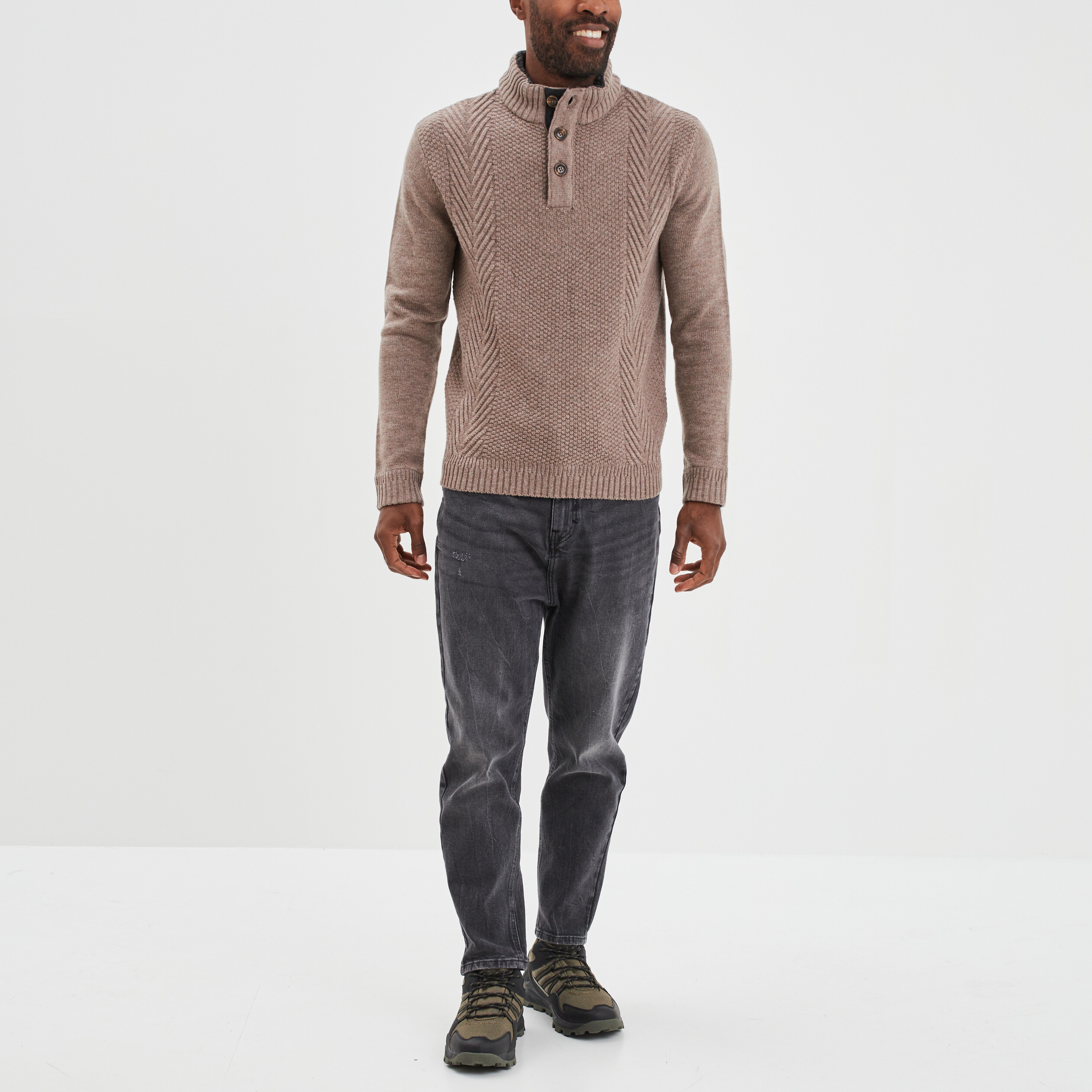 Pull camionneur boutonné taupe homme | La Halle