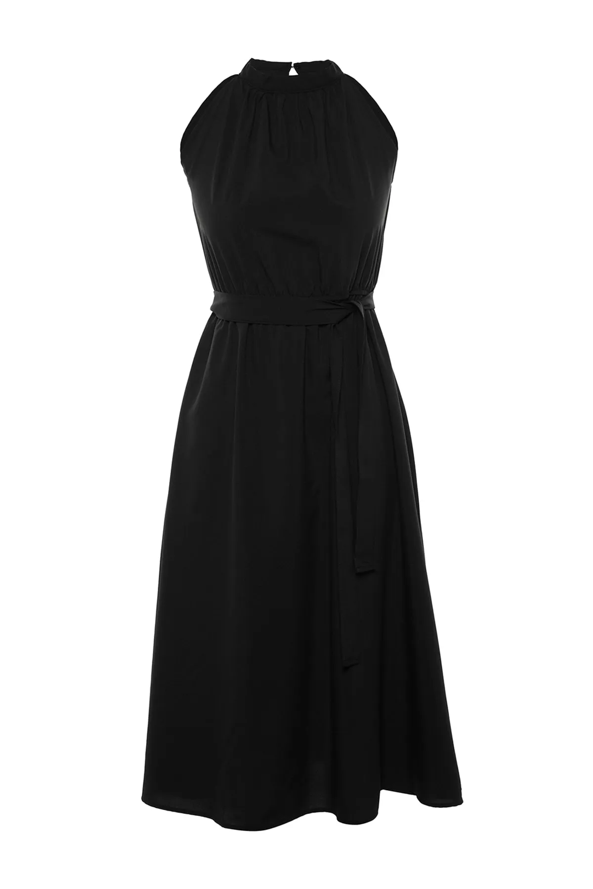 Trendyol Collection  Schwarzes A-Linien-Midikleid aus Viskose mit Neckholder und Gürtel TWOSS19EL0155