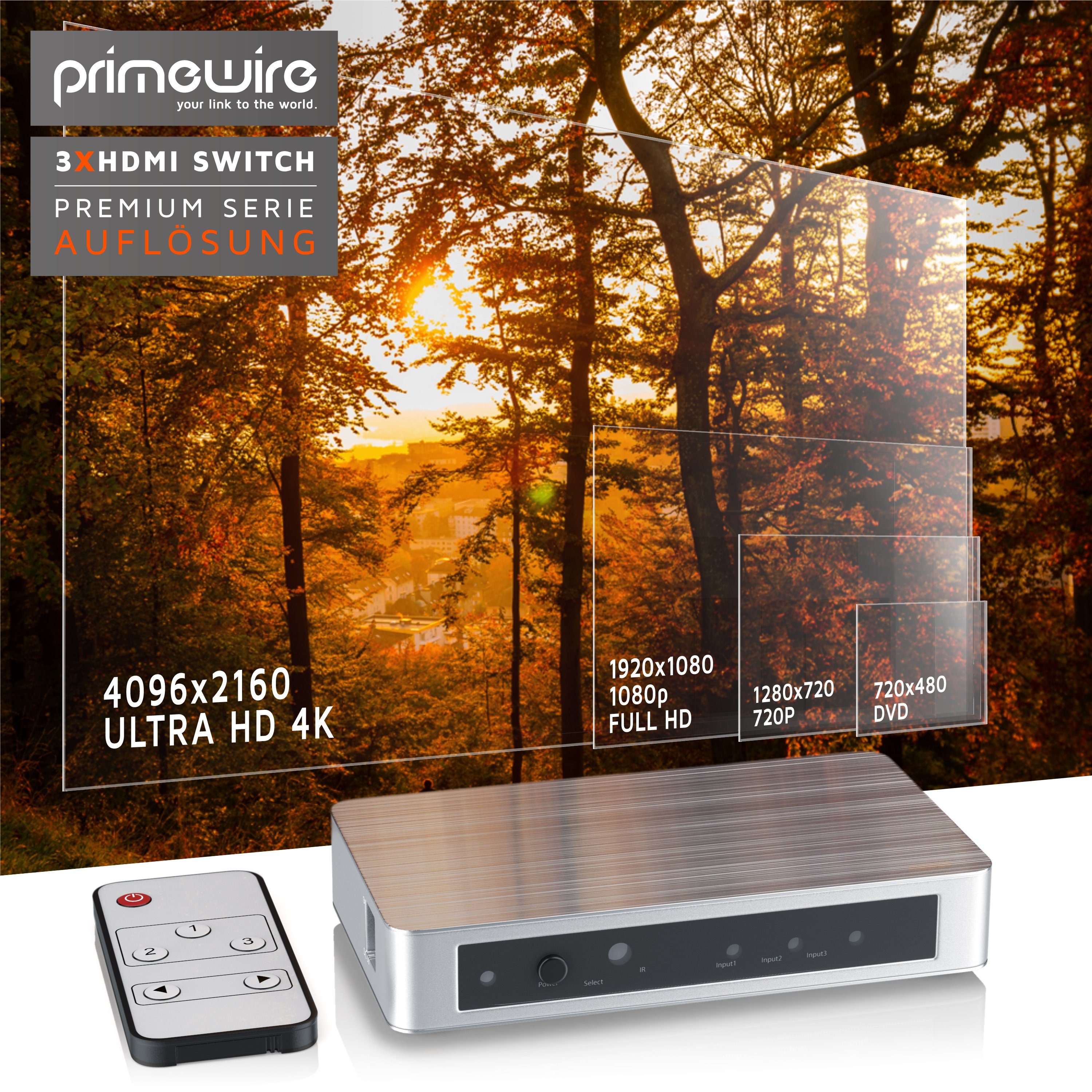 Primewire Audio / Video Matrix-Switch, 3-Port 4k UHD HDMI Switch, Verteiler mit Fernbedienung & Netzteil