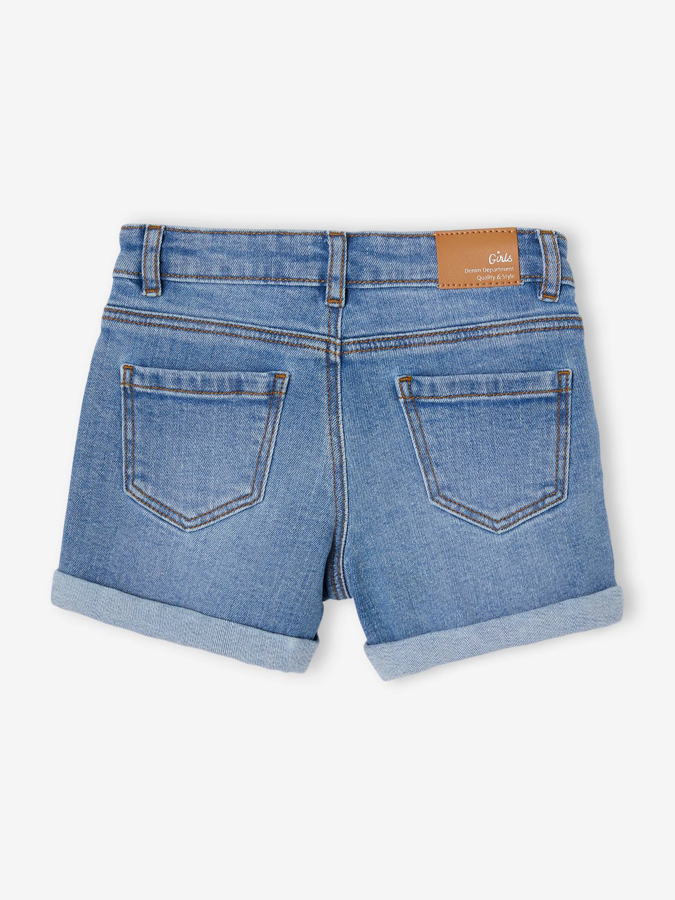 Short en jean brodé fille avec noeud imprimé fleurs double stone