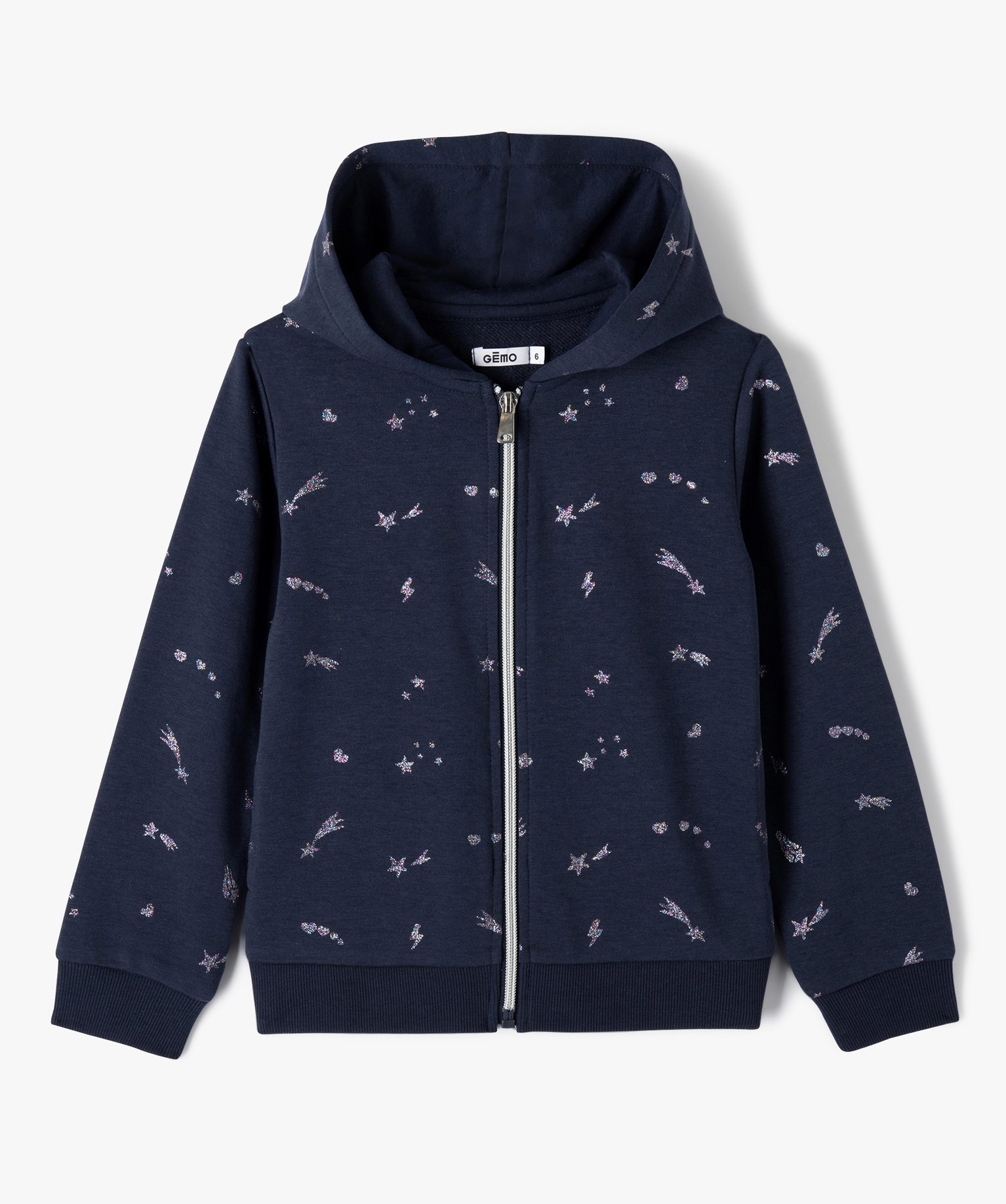 Sweat à capuche zippé à motifs pailletés fille marine | GEMO