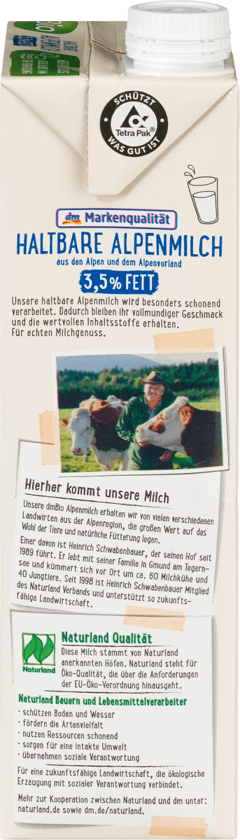 Milch, haltbare Alpenmilch 3,5 % Fett, 1 l