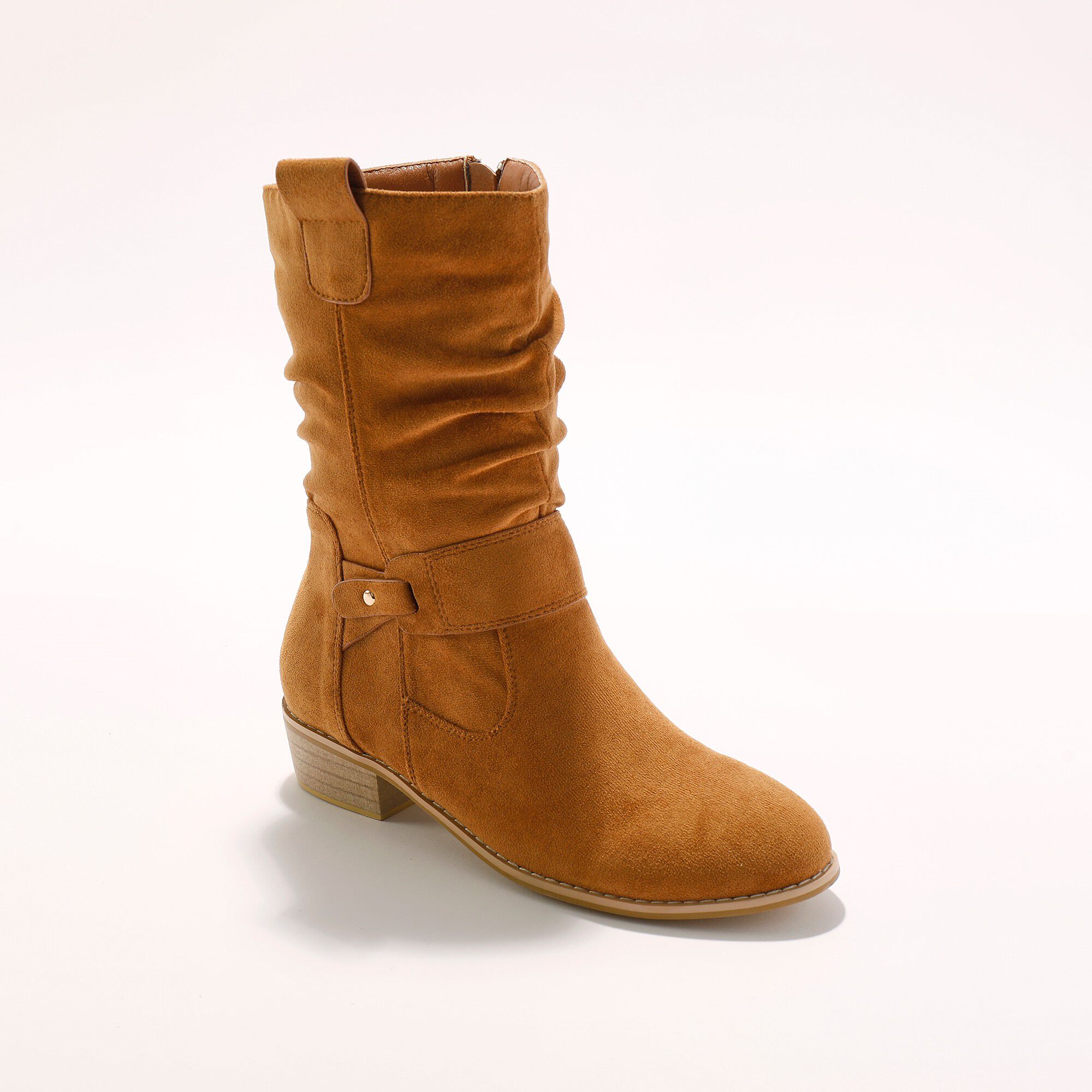 Bottes mi-hautes plissées à petit talon effet bois