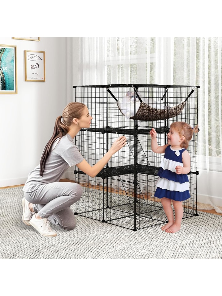 COSTWAY Katzenkäfig 3-stöckig 74 x 74 x 107 cm in Schwarz günstig kaufen onesize