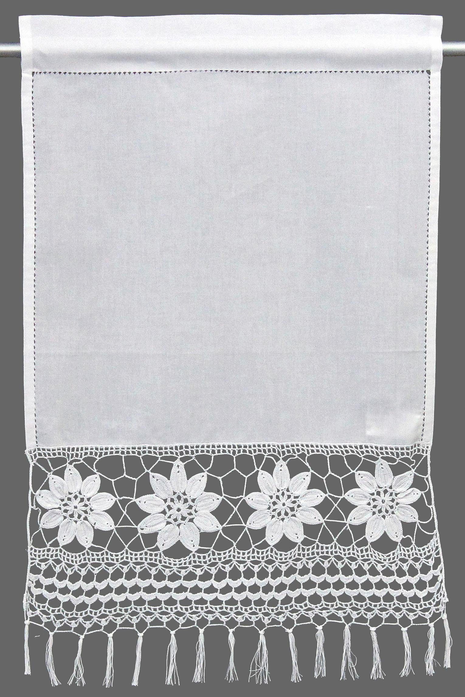 Scheibengardine Zugspitze, HOSSNER - ART OF HOME DECO, Stangendurchzug (1 St), halbtransparent, Häkelspitze - ECHTE Handarbeit