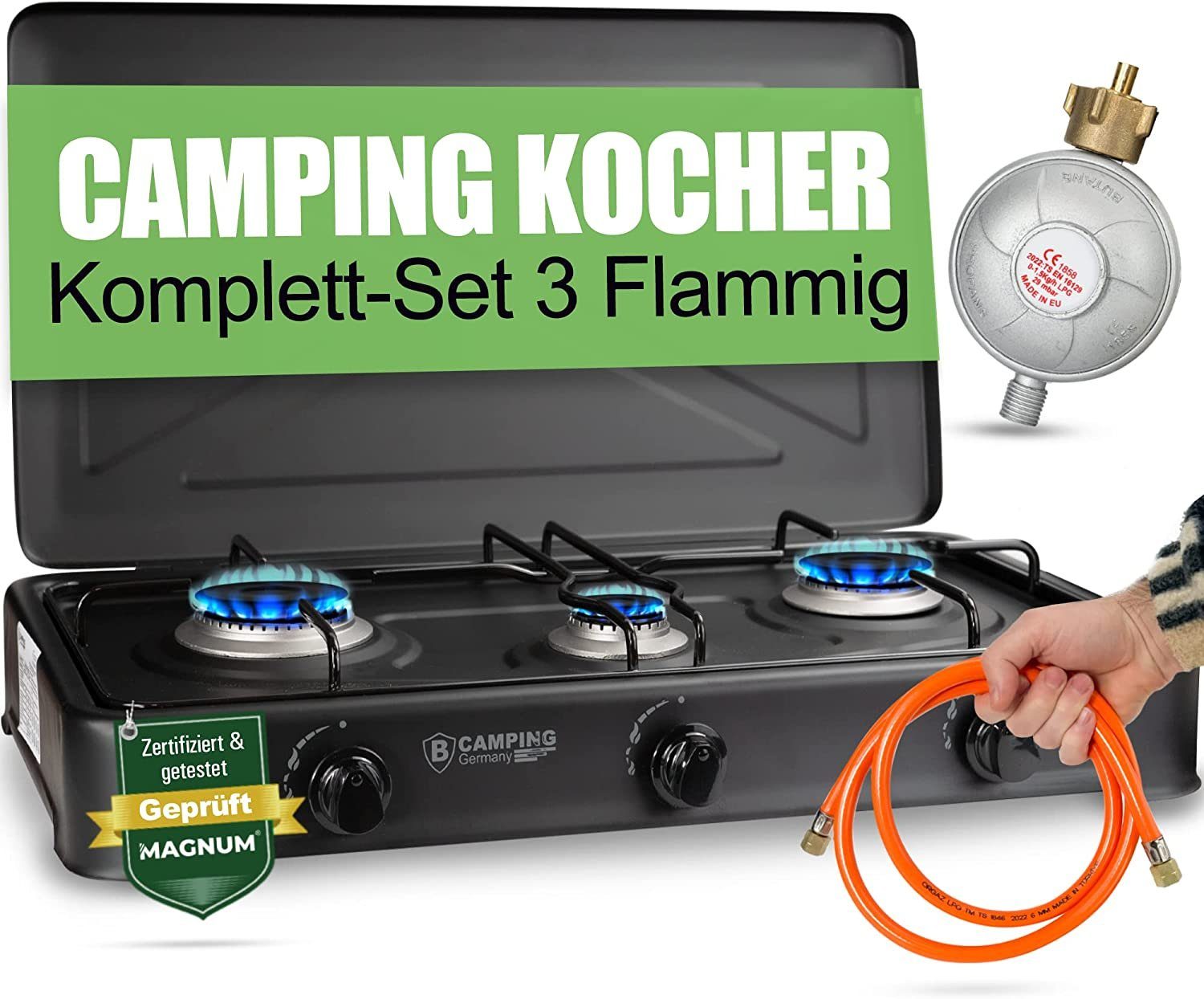 Magnum Wave Gaskocher MAGNUM Trio - 3- Flammiger Campingkocher, (Camping-Set, 1-St., Ideal für Camping und Angeln), Gaskocher Trio inkl. Gasschlauch - Campingkocher