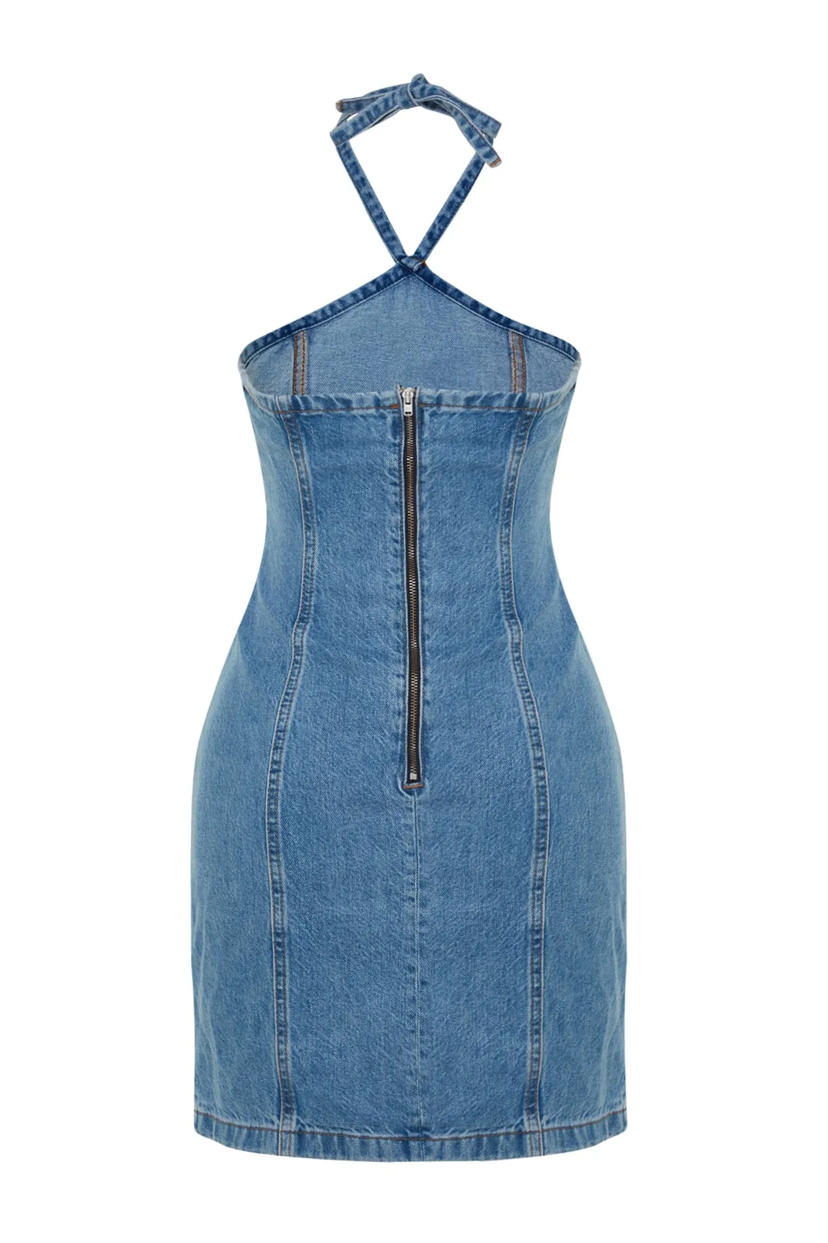 Trendyol Collection  Blaues Neckholder-Mini-Jeanskleid TWOSS23EL01965