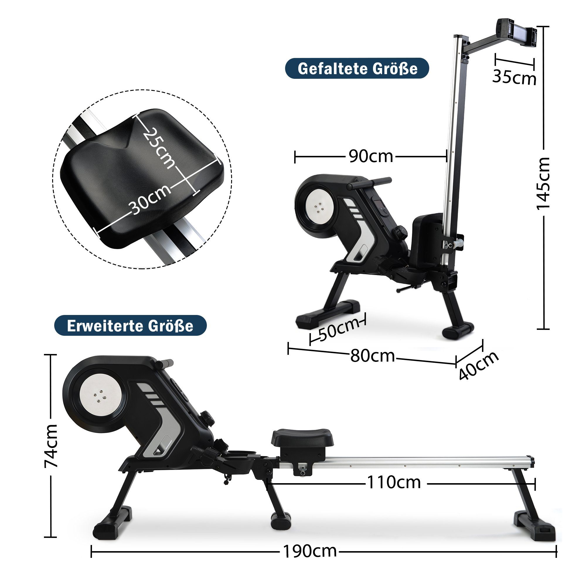 Mould King Rudergerät Faltbares Rudergerät Magnetwiderstand LCD-Display rutschfesten Pedalen, Transporträdern für das Heim-Fitnessstudio