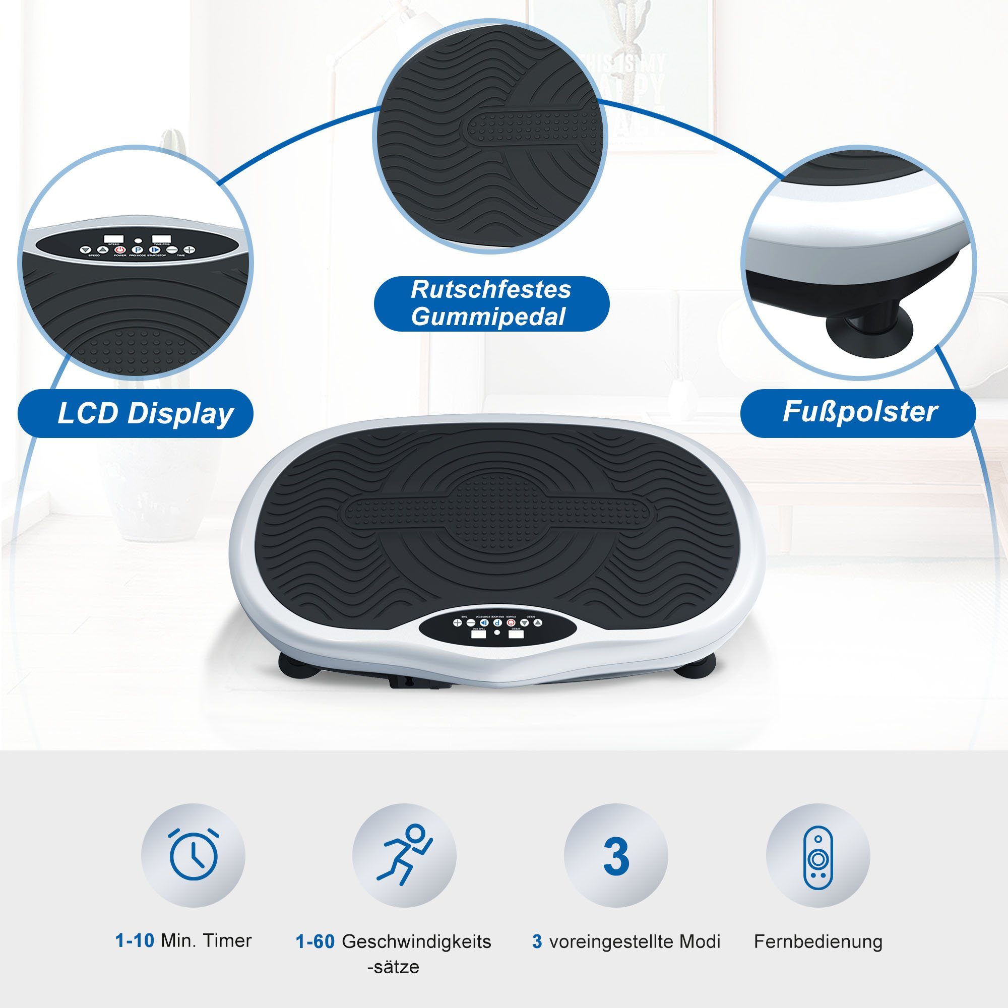 Ulife Vibrationsplatte silbrig, Ganzkörper, 3D Fitnessgeräte mit 2 Bändern & Fernbedienung, 440,00 W, (Set, mit Trainingsbändern), 3 voreingestellte Modi, 60 Geschwindigkeitssätze, 10 Min-Timer