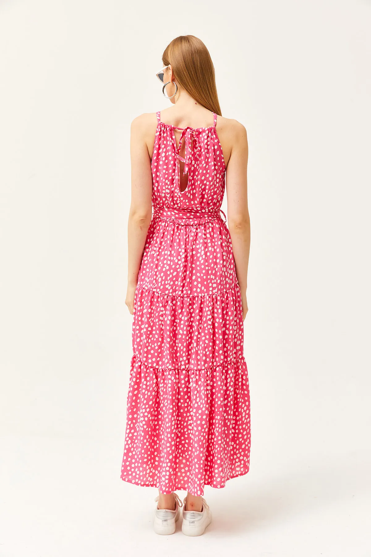 Olalook  Damen Polka Dot Fuchsia Neckholder-Kleid aus gewebter Viskose mit Gürtel ELB-19001548