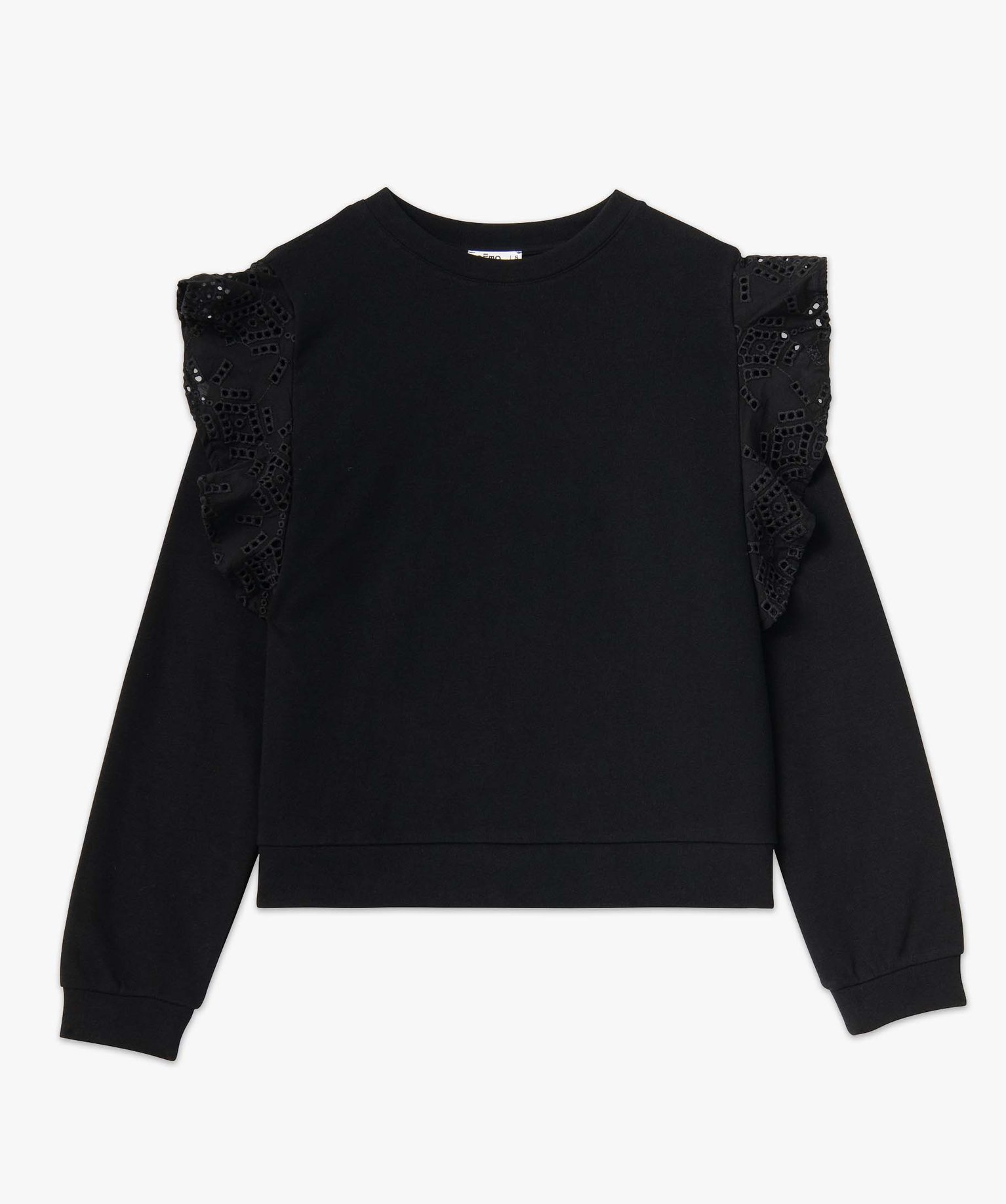Sweat femme avec volant en dentelle anglaise noir | GEMO