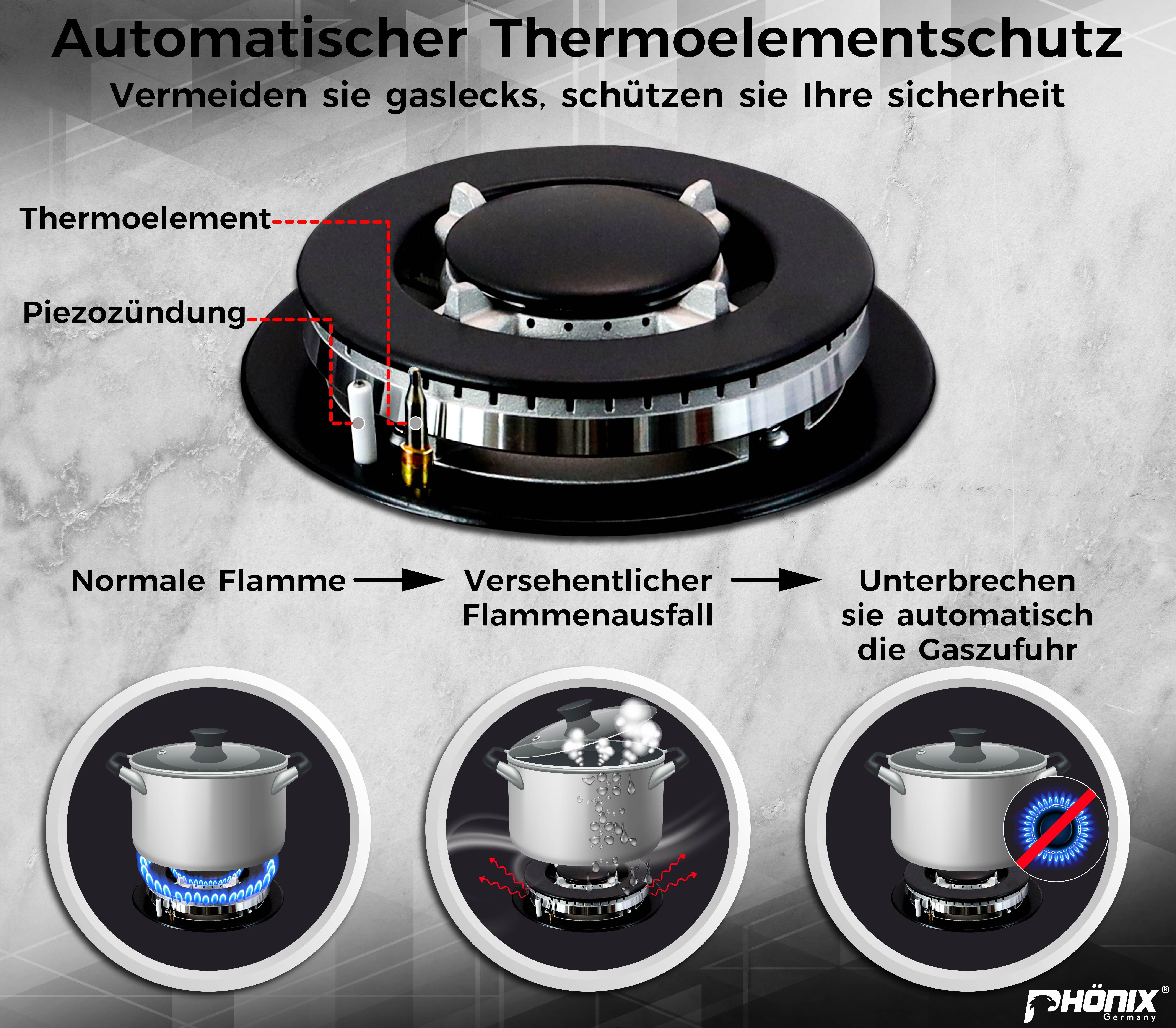 Phönix Germany Gas-Kochfeld PG-604ET, kombi Gaskochfeld 4 flammig Glaskeramik Gaskochmulde