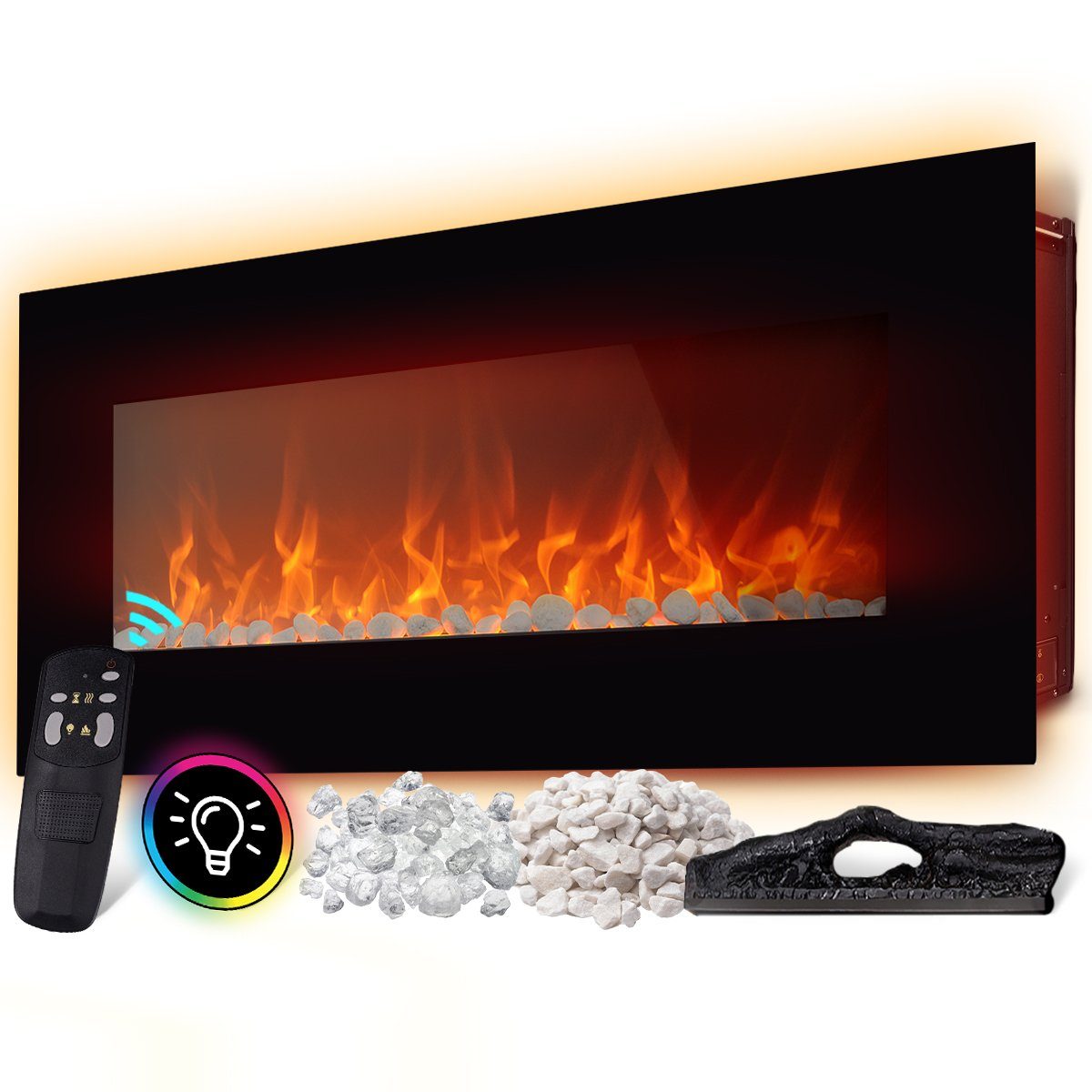 Heidenfeld Elektrokamin Kamin Heizung Wandkamin HF-WK500 750/1500 Watt inkl. 3 J. Garantie LED, 3D Flammen - Bluetooth Lautsprecher - Fernbedienung - Elektroheizung