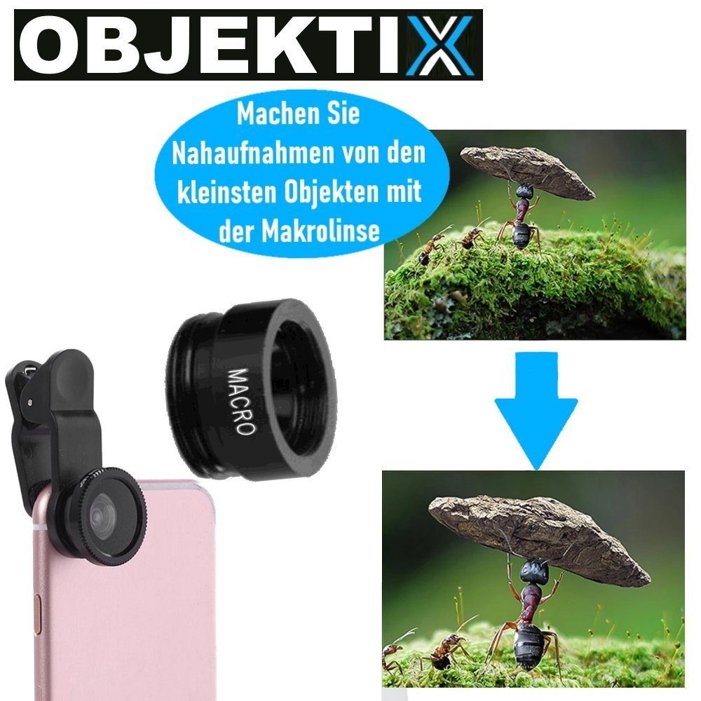MAVURA OBJEKTIX Universal Handy Objektiv Set 3in1 Smartphone Linsen Objektiv, (Fisheye + Weitwinkel + Makro Kamera)