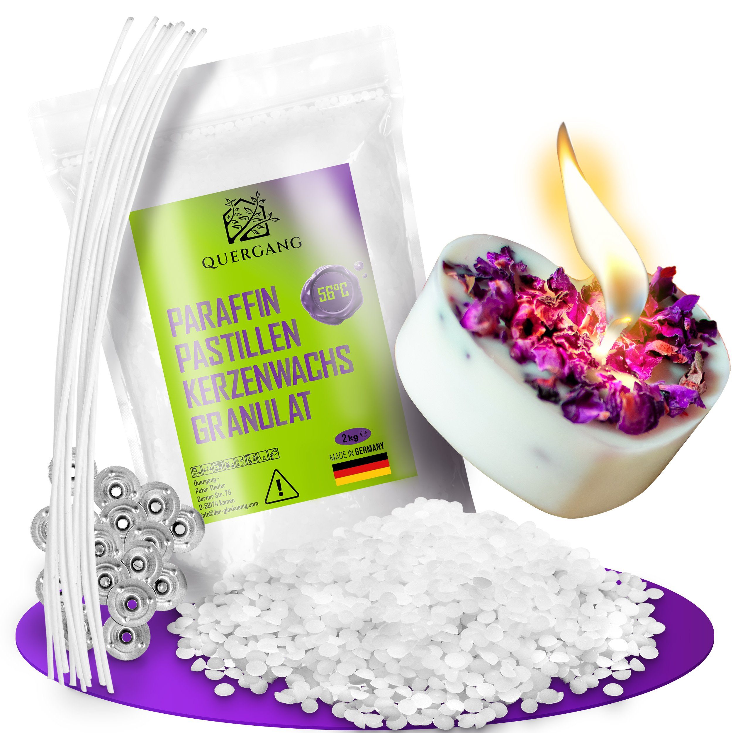 Quergang Paraffinwachs Pastillen 2kg inkl. Dochte und Dochthalter - Kerzenwachs Wachsgranulat für, optimale Ergebnisse Dank niedrigem Schmelzpunkt und geringem Ölgehalt