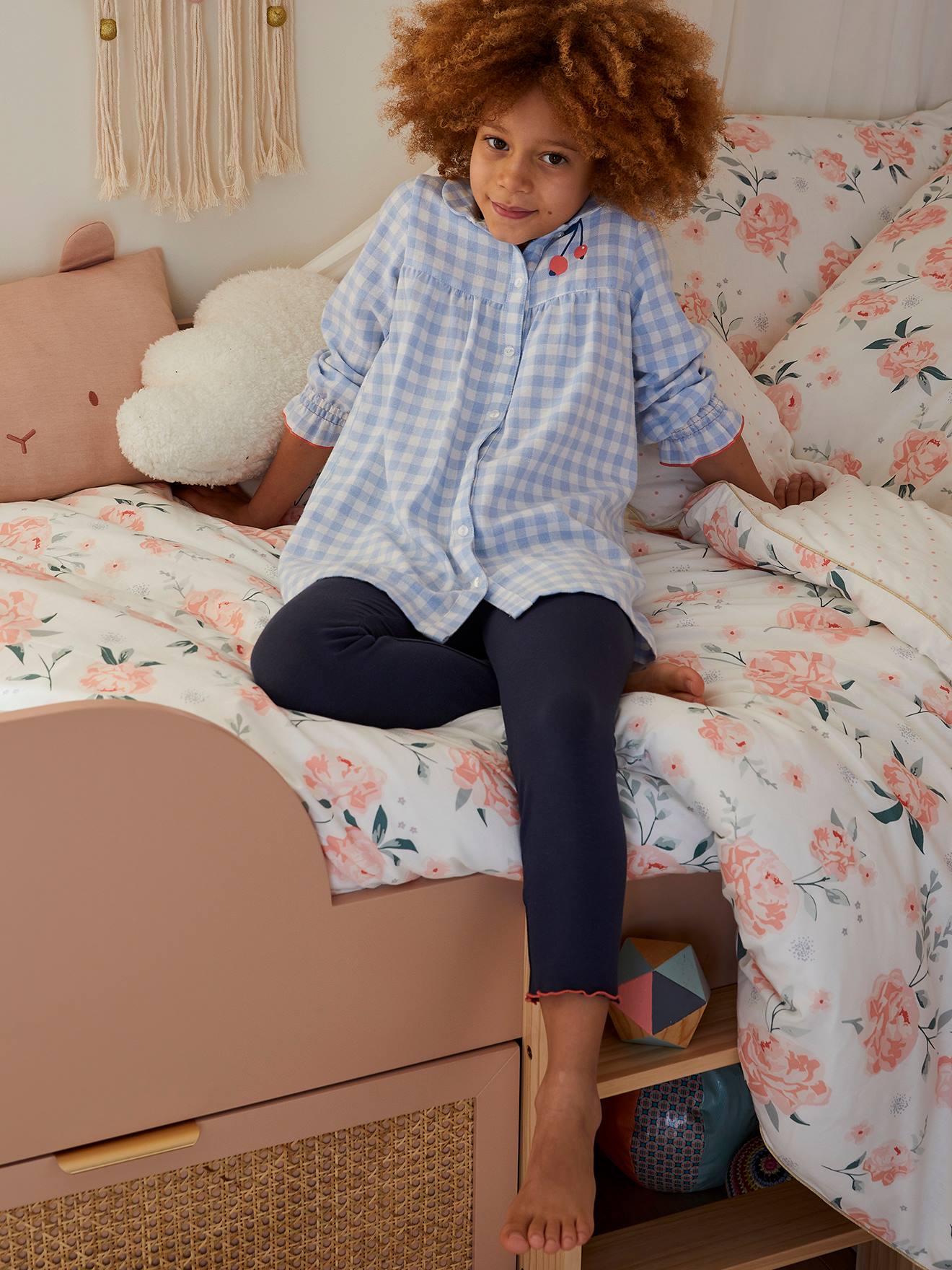 Chemise de nuit vichy en flanelle + legging uni carreaux bleu