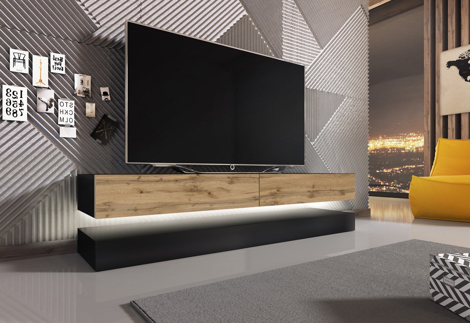 GuenstigEinrichten Lowboard Bird (TV-Board in schwarz und Wotan Eiche, Breite 140 cm), mit Stauraum, inklusive LED Beleuchtung