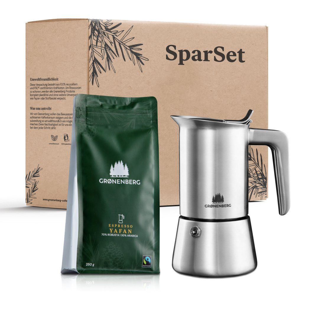 GRØNENBERG Espressokocher Spar Set 2.2: Bio Espressopulver 250g + Espressokocher (2, 4, 6 Cup), Induktion geeignet & Inkl. Ersatz Dichtung