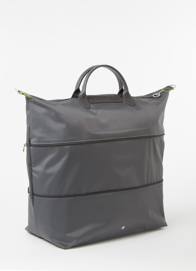 Geantă de voiaj extensibilă Longchamp Le Pliage, verde, cu detalii din piele.