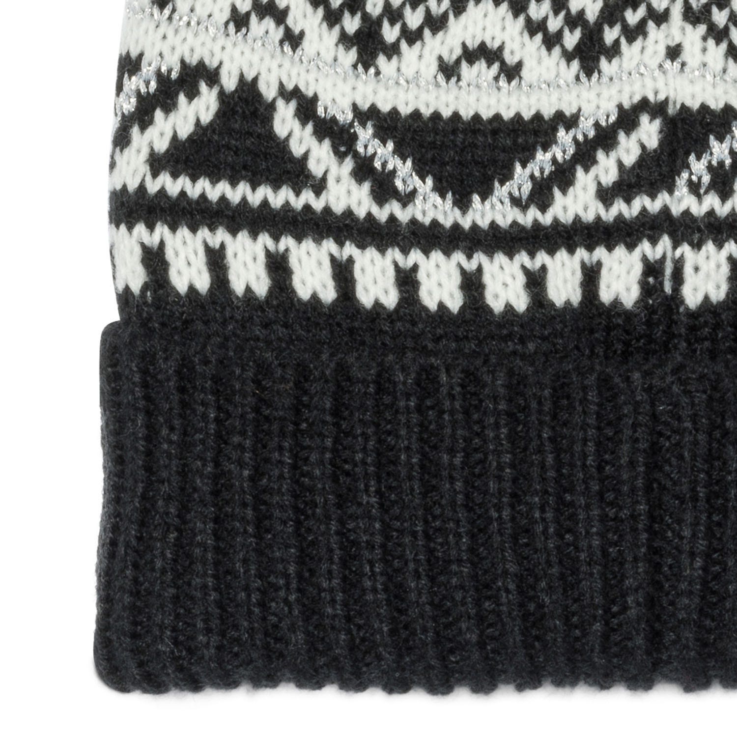 Bonnet noir et blanc motif jacquard à pompon