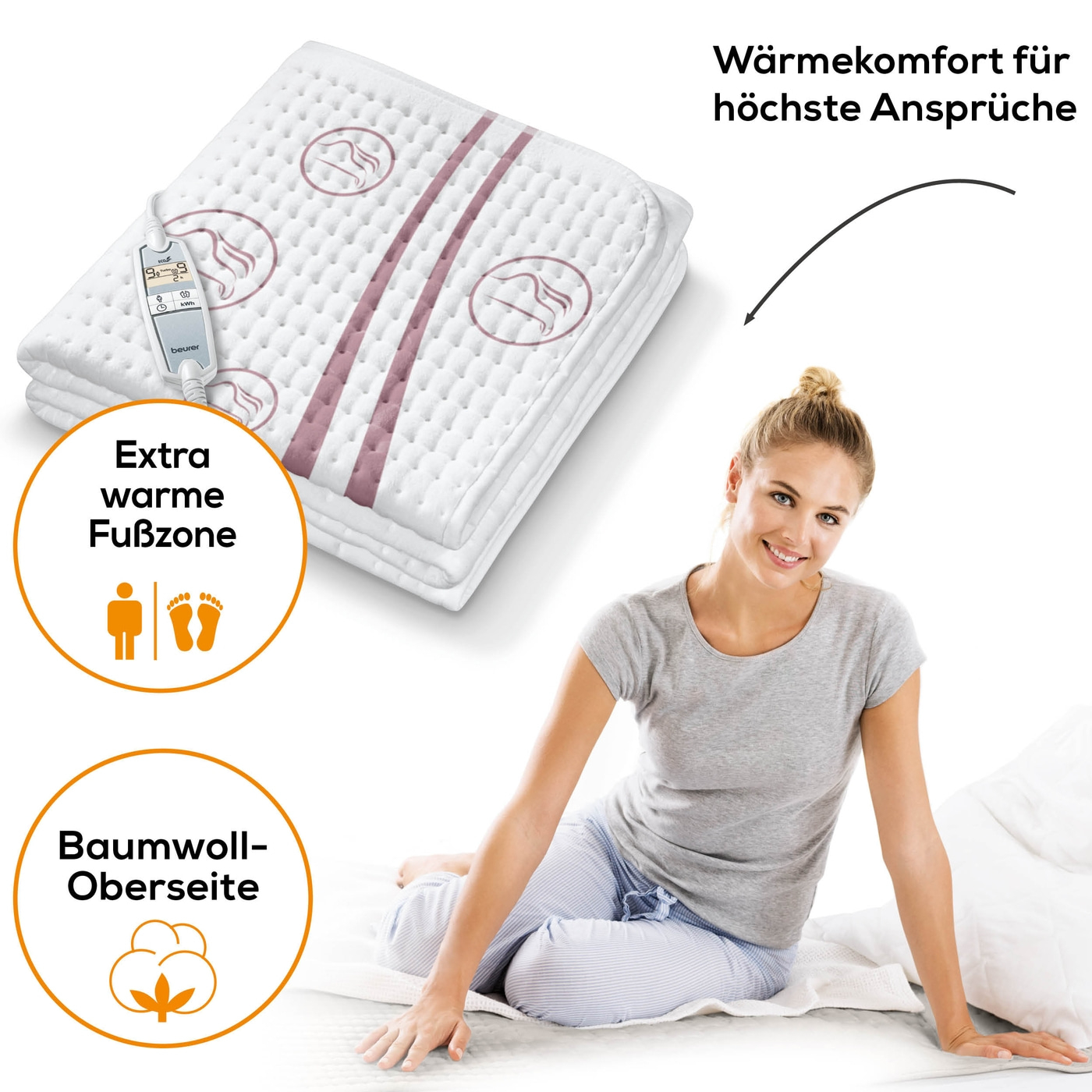 Beurer Komfort-Wärmeunterbett UB 90-Atmungsaktives Wärmeunterbett mit 2 Wärmezonen & 9 Temperaturstufen - 150 x 80 cm