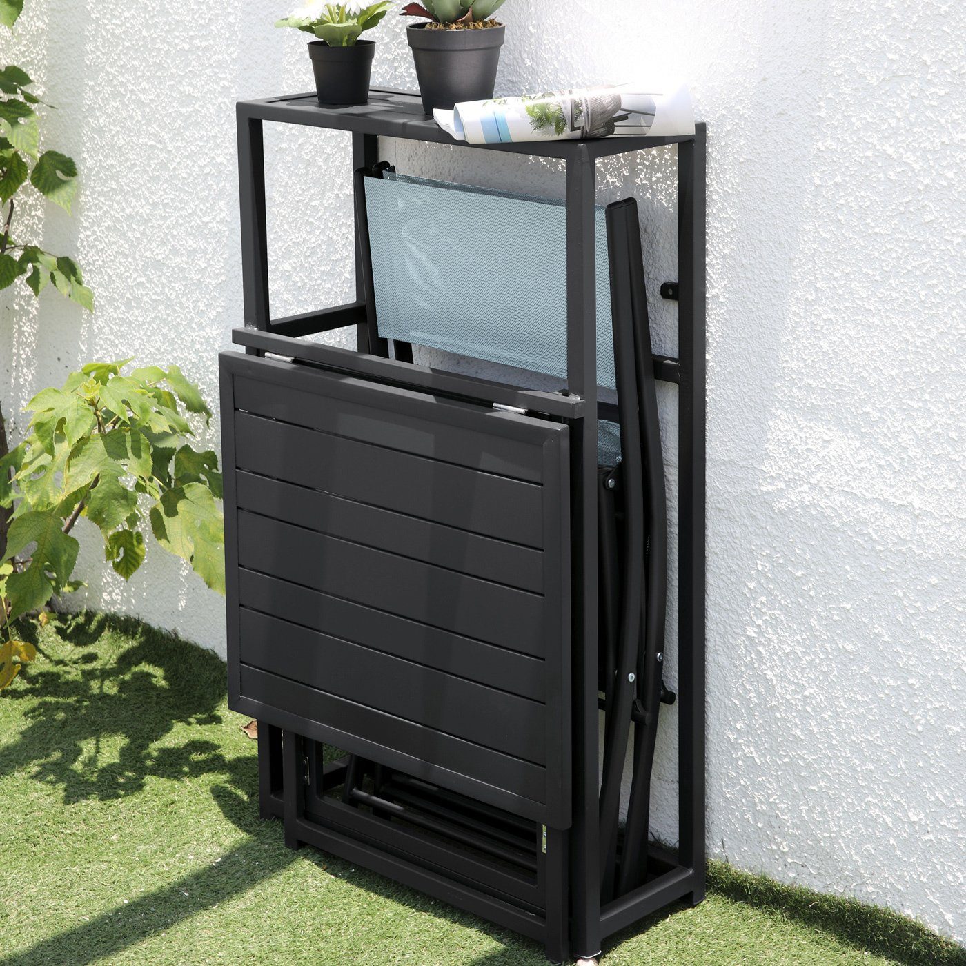 SVITA Balkonset Balkon-Set, (Platzsparendes Set, Ausklappbarer Tisch mit 2 Stühlen und ein Regal zum Verstauen), Tisch und Stühle platzsparend verstaubar
