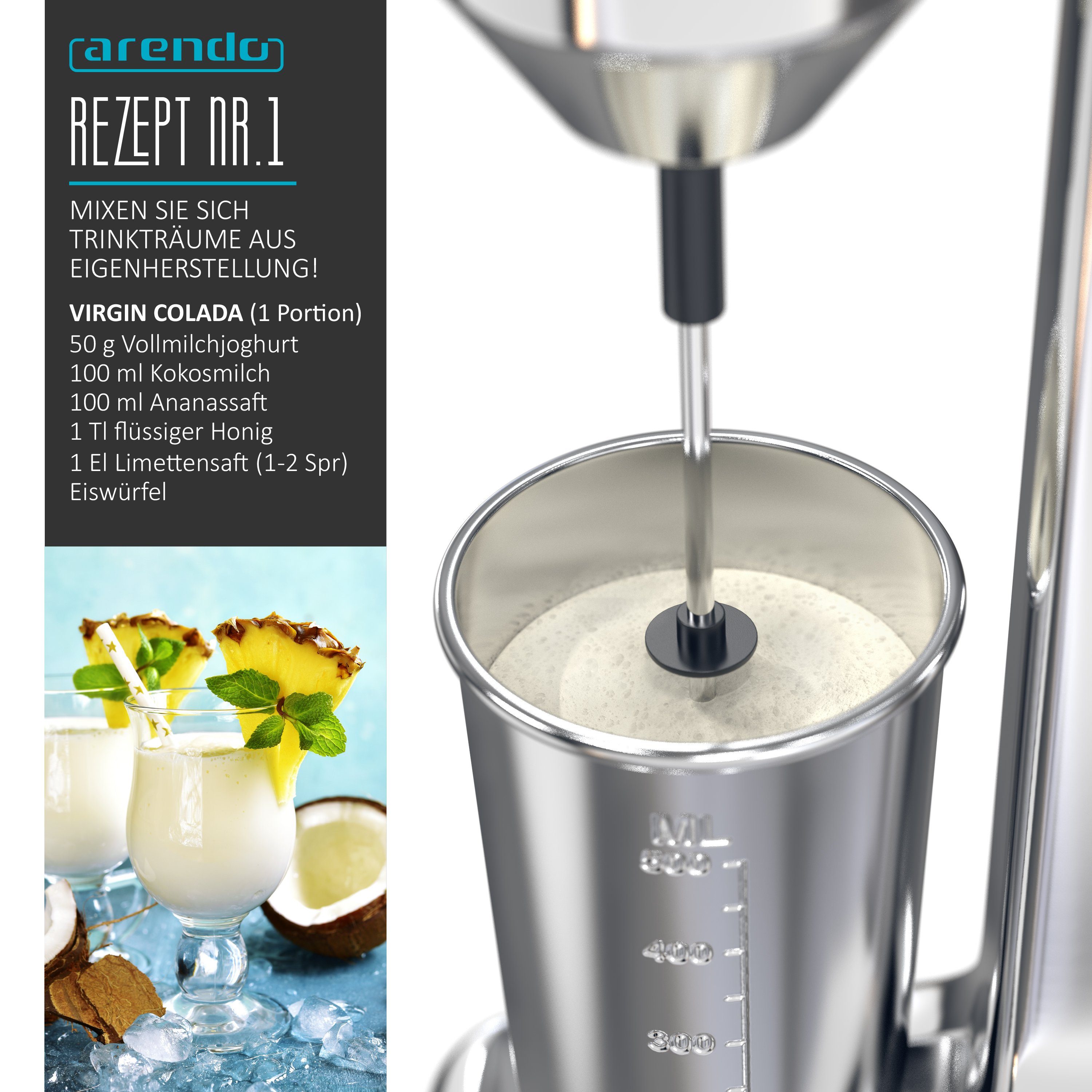 Arendo Standmixer, 100 W, Drink Mixer, Getränkemixer, Shaker, 500 ml Becher, 22.000 U/min