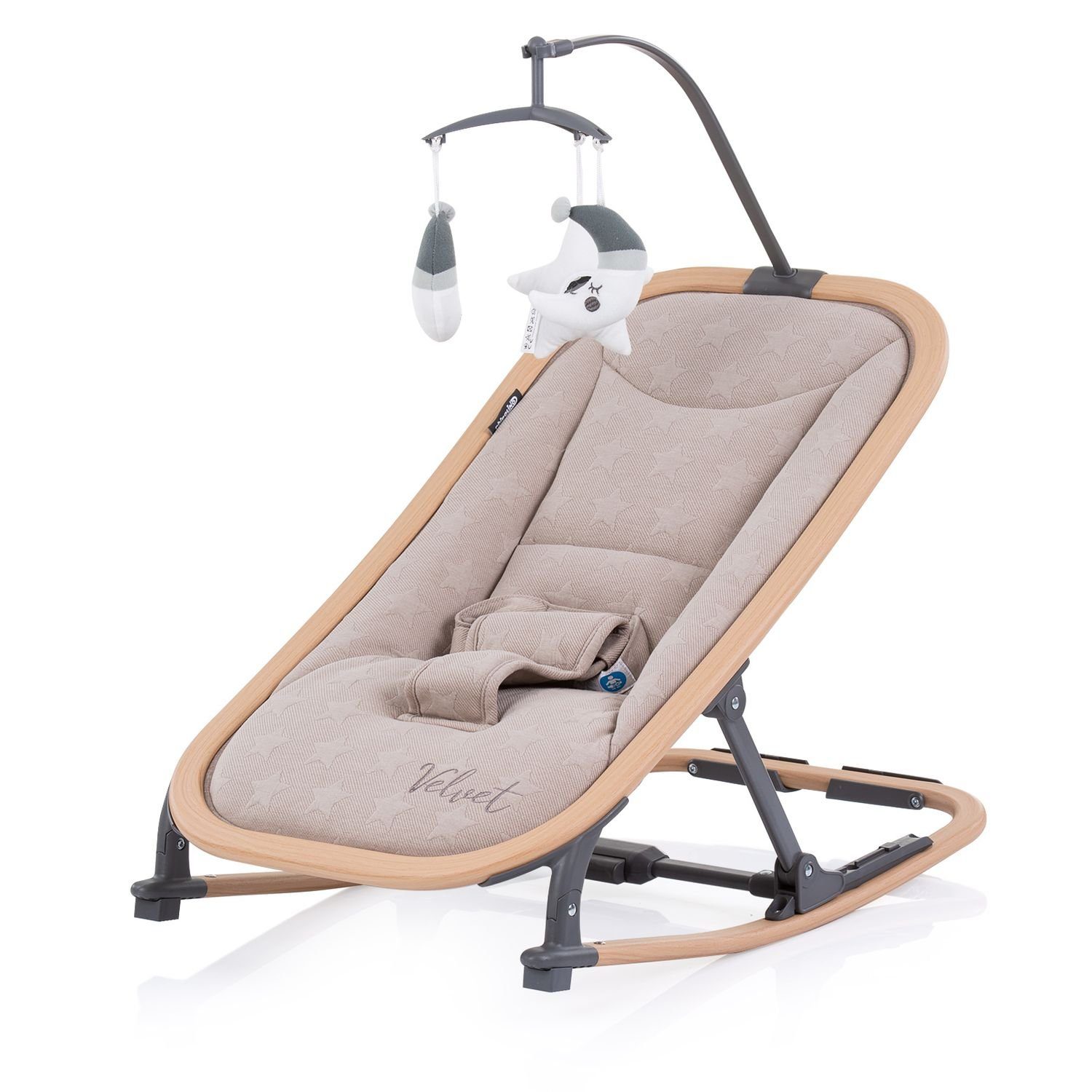Chipolino Babywippe Babywippe Velvet faltbar, Spielbogen Holzoptik Sicherheitsgurt bis 9 kg