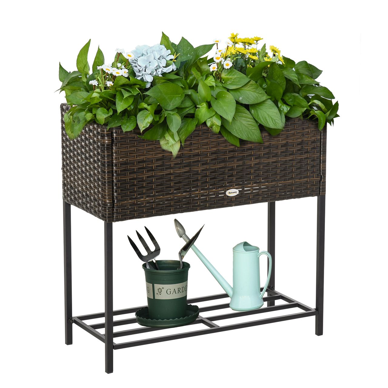 Outsunny Poly Rattan Hochbeet Blumentopf Blumenkasten mit Füßen mit Ablage