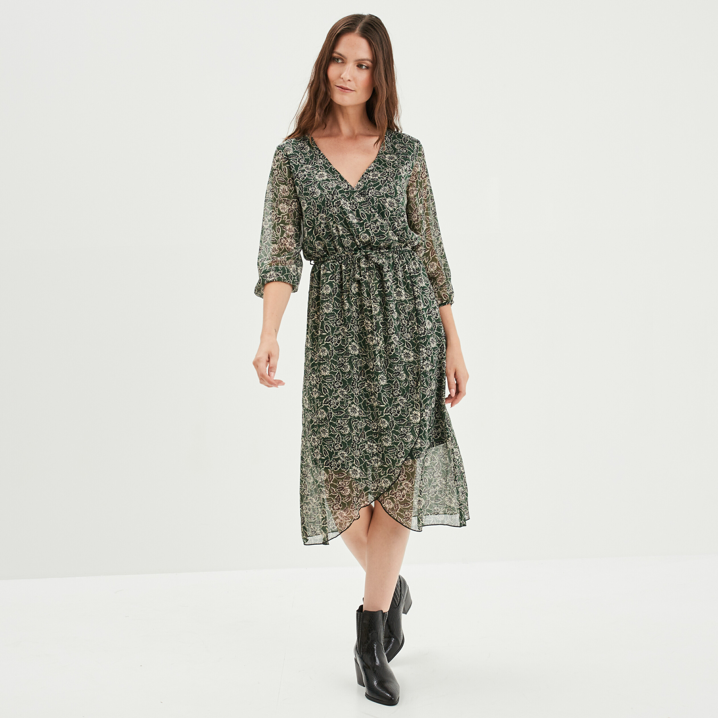 Robe midi fluide col cache-coeur vert foncé femme | La Halle