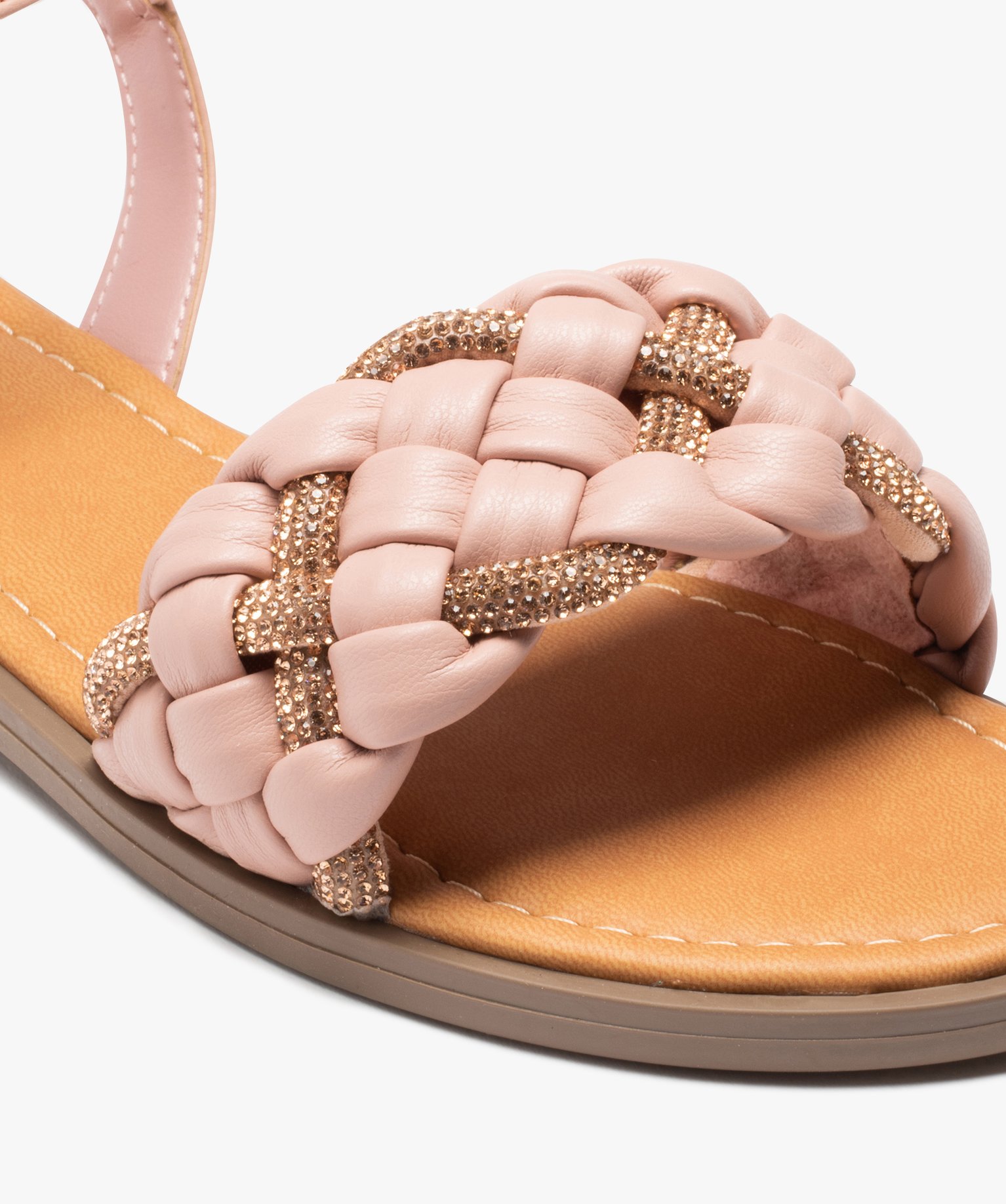 Sandales femme plates à bride tressée et à strass rose | GEMO