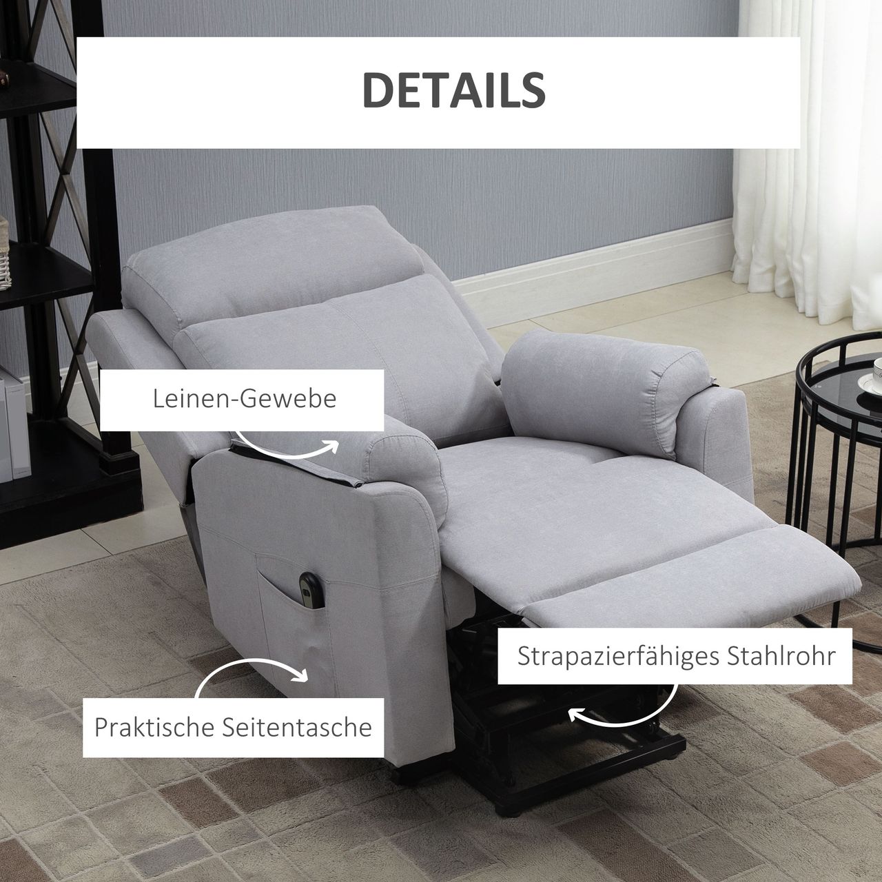 HOMCOM elektrischer Aufstehsessel Sessel mit Aufstehhilfe für Senior Relaxsessel Fernsehsessel Liegefunktion Leinen-Touch Grau 83 x 89 x 102 cm