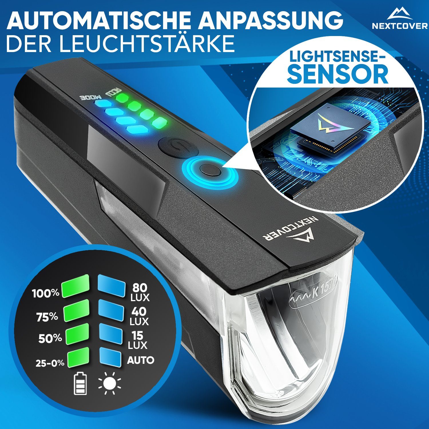 Nextcover Fahrradbeleuchtung NEXTCOVER® Fahrradlicht Set mit [LightSense] Sensor & 11h Akkulaufzeit