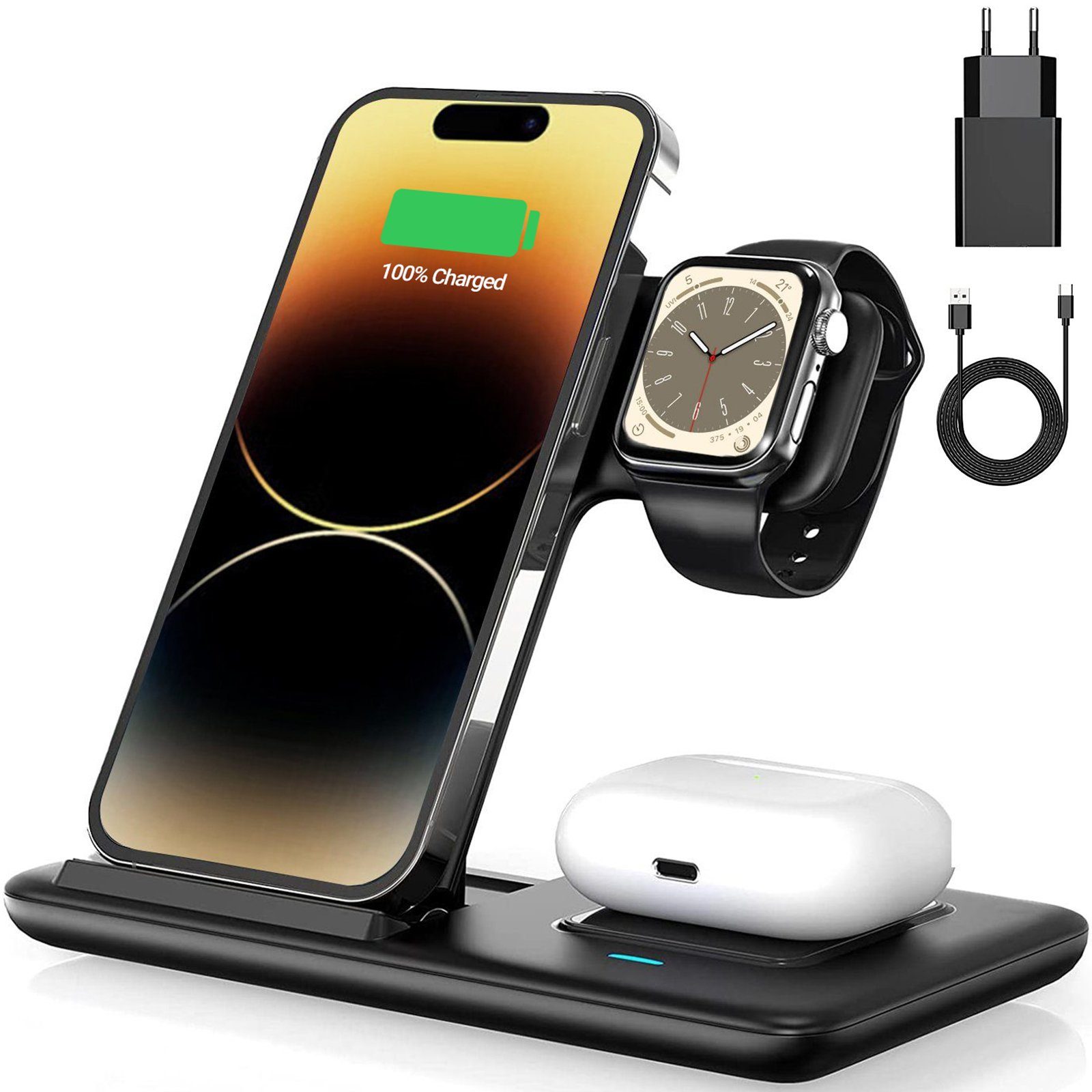 JOEAIS Handy-Dockingstation Ladestation 3 in 1 Induktive Ladegerät Kabellose Wireless Charger, (Apple Watch Iphone Airpods Handy Charging Station Induktive Ladegerät), mit USB Kabel für iPhone 14 13 12Pro Mini Pro Max