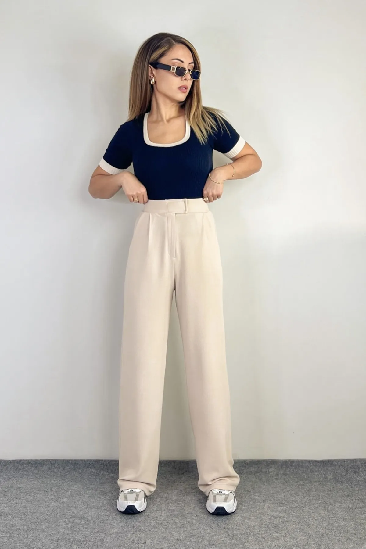 Ritnice  Line Palazzo-Hose aus Lycra für Damen mit Klettverschluss, Hellbeige