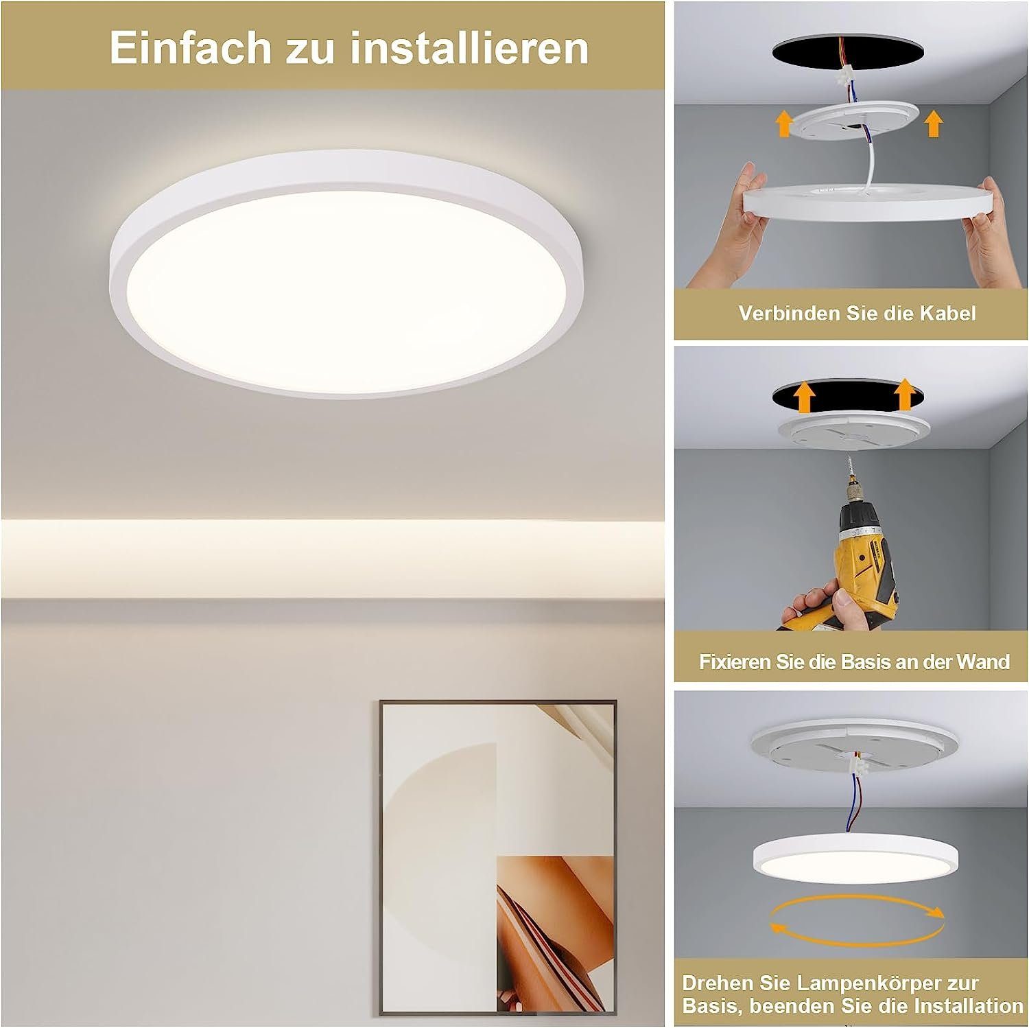Nettlife LED Panel Weiß Dimmbar mit Fernbedienung Ultra Dünn Rund 20W, Speicherfunktion Timer-Modus, LED fest integriert, Warmweiß Neutralweiß Kaltweiß, für Wohnzimmer Schlafzimmer Badezimmer Küche, 30 x 30 x 2.1 cm