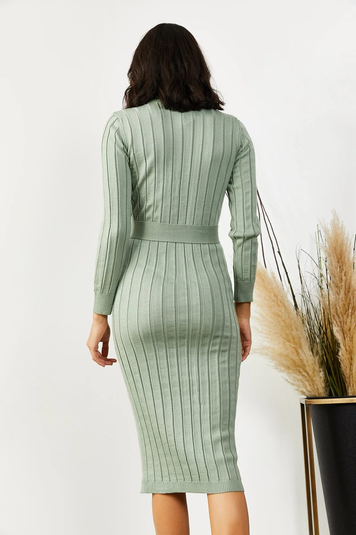 Olalook  Aquagrünes, dickes, geripptes Strickkleid mit Gürtel für Damen ELB-19001014