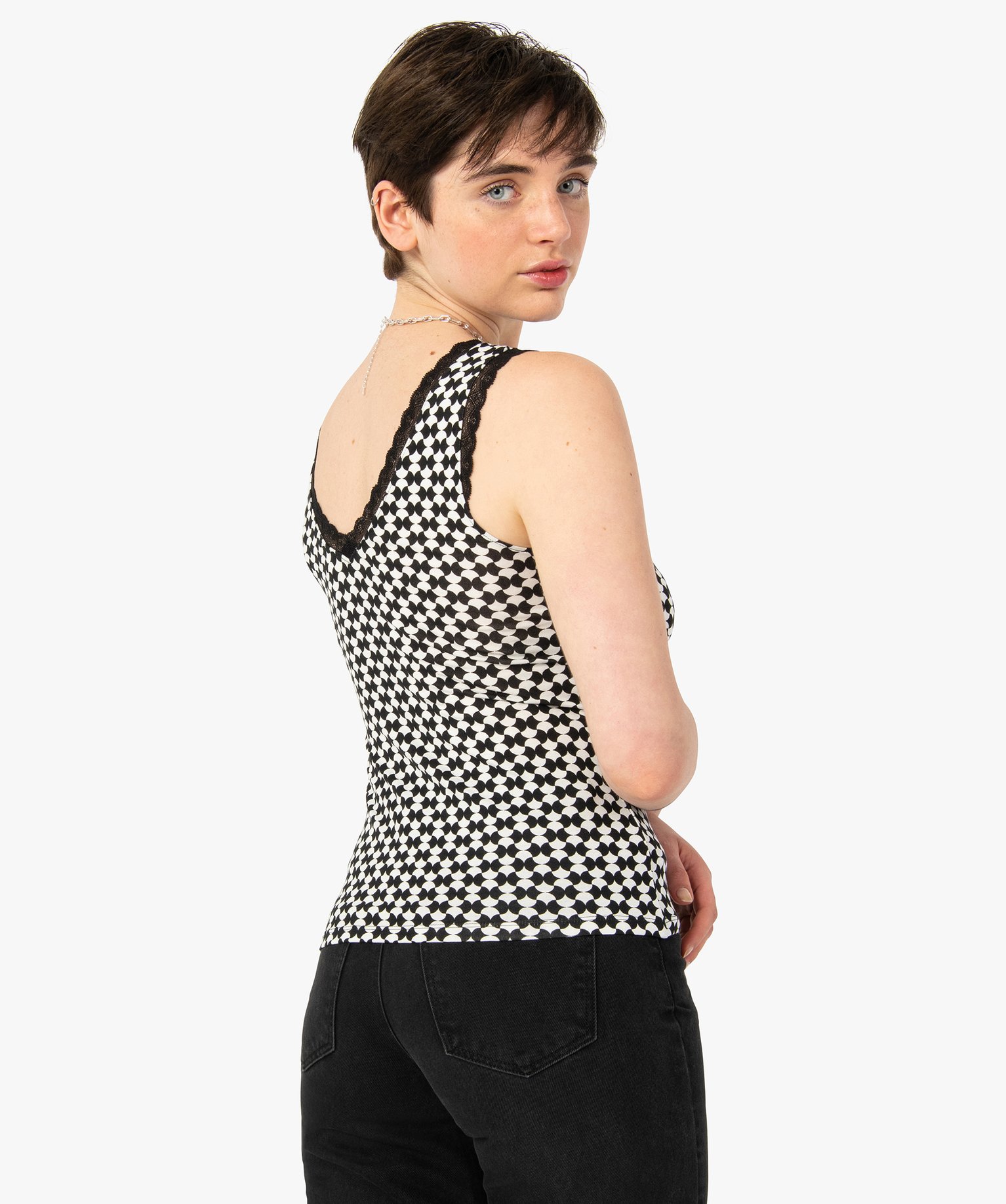 Débardeur femme imprimé et finitions dentelle noir | GEMO