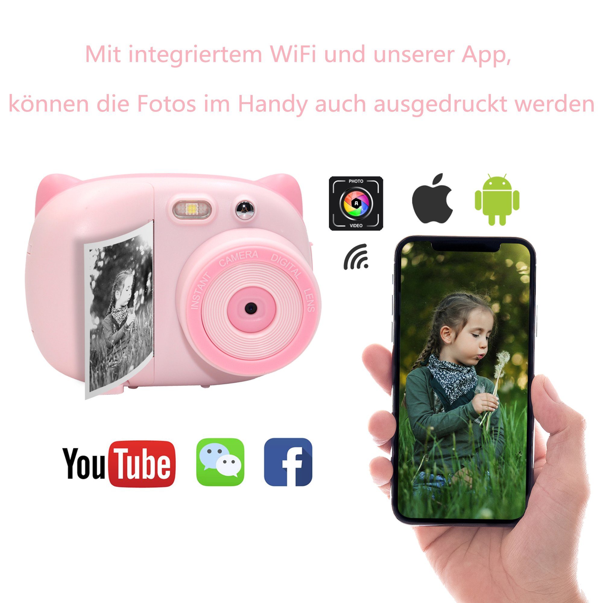 OKA Kinderkamera, Sofortbildkamera Kinder DigitalKamera 1080P Videokamera Kinderkamera (inkl. Kinder Kamera Drucken Schwarzweiß Foto mit Pinselstift, Kinder Digitalkamera mit 32GB SD-Karte, Geschenk für Kinder)