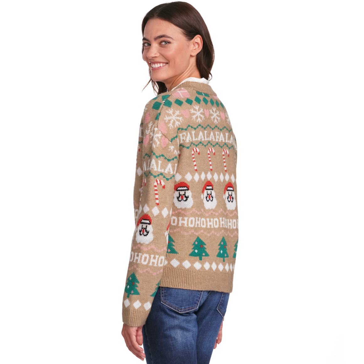 Damen Weihnachtsstrickjacke mit V-Ausschnitt beige