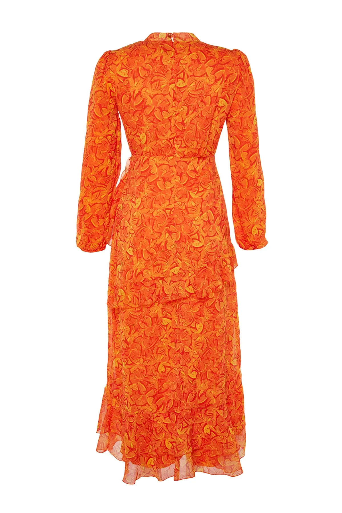Trendyol Modest  Orangefarbenes Kleid aus gewebtem Chiffon mit Blumenrock, Rüschenfutter TCTSS23EB00160