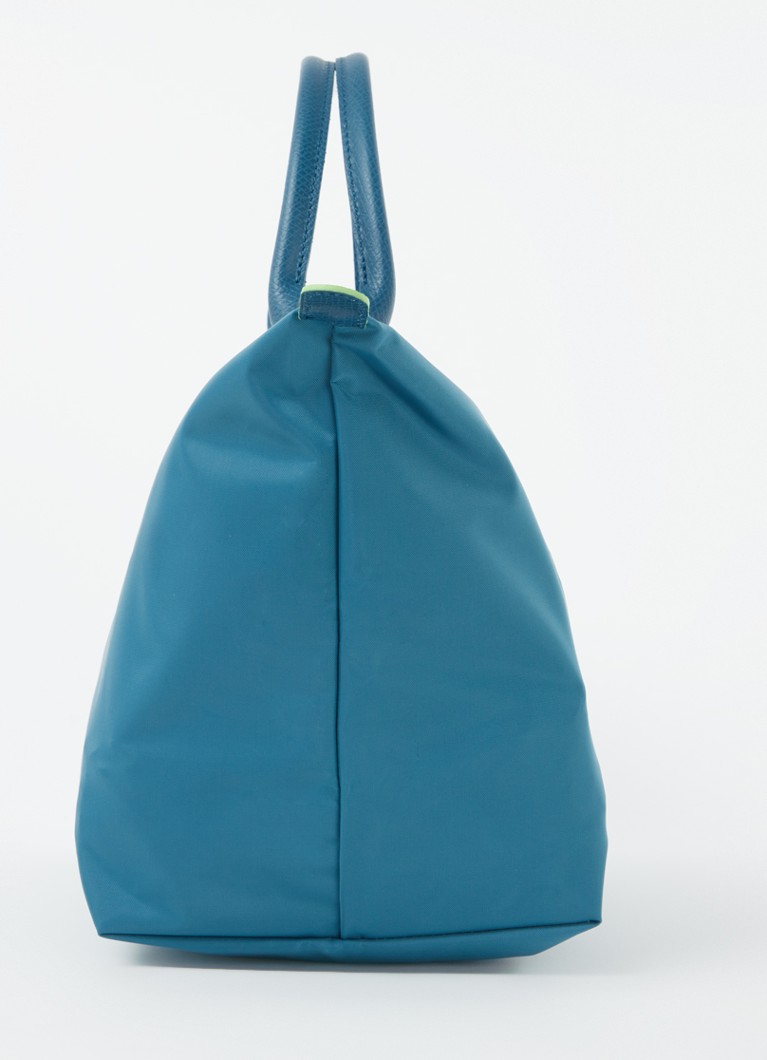 Geantă verde Longchamp Le Pliage, mărimea M, cu detalii din piele.