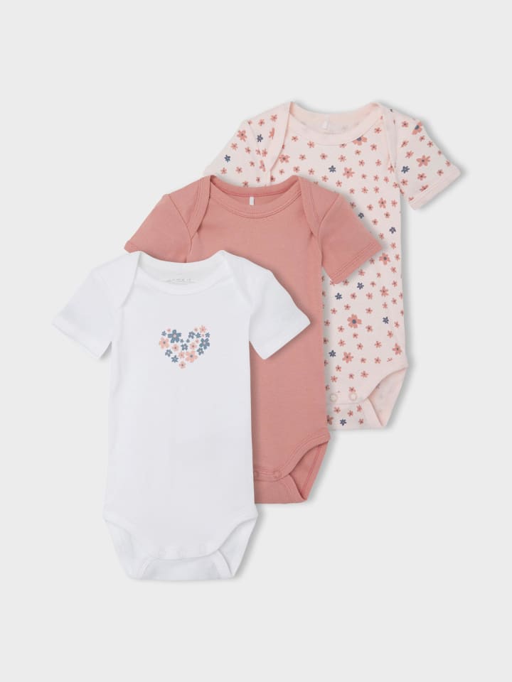 name it 3er Pack kurzarm Baby Body mit Herz und Blumen in Rosa günstig kaufen