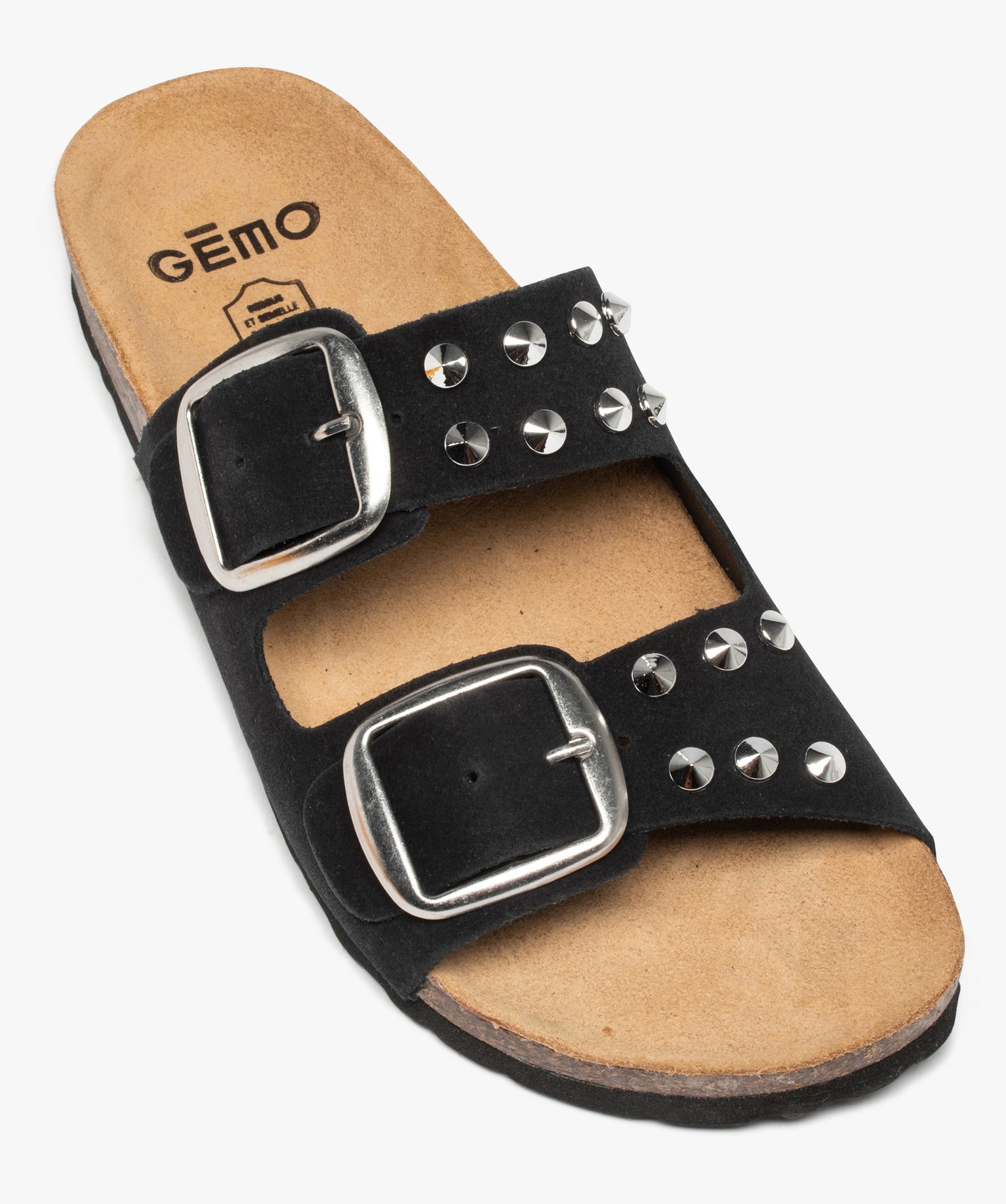 Mules femme à brides en cuir et clous métalliques noir | GEMO